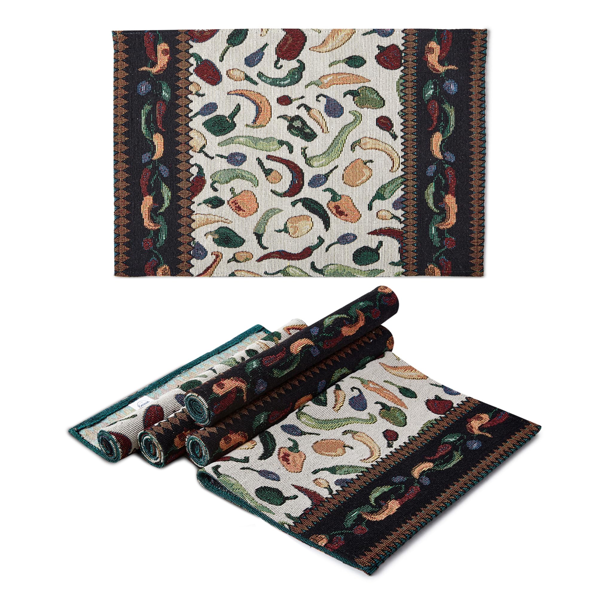 Encasa Juego de 6 manteles Individuales de Mesa Boho Jacquard - Chiles Diseño | Estilo Vintage | Cada tamaño 48x32 cm | Tapiz Bohemio Tejido para cenar - Lavable a máquina