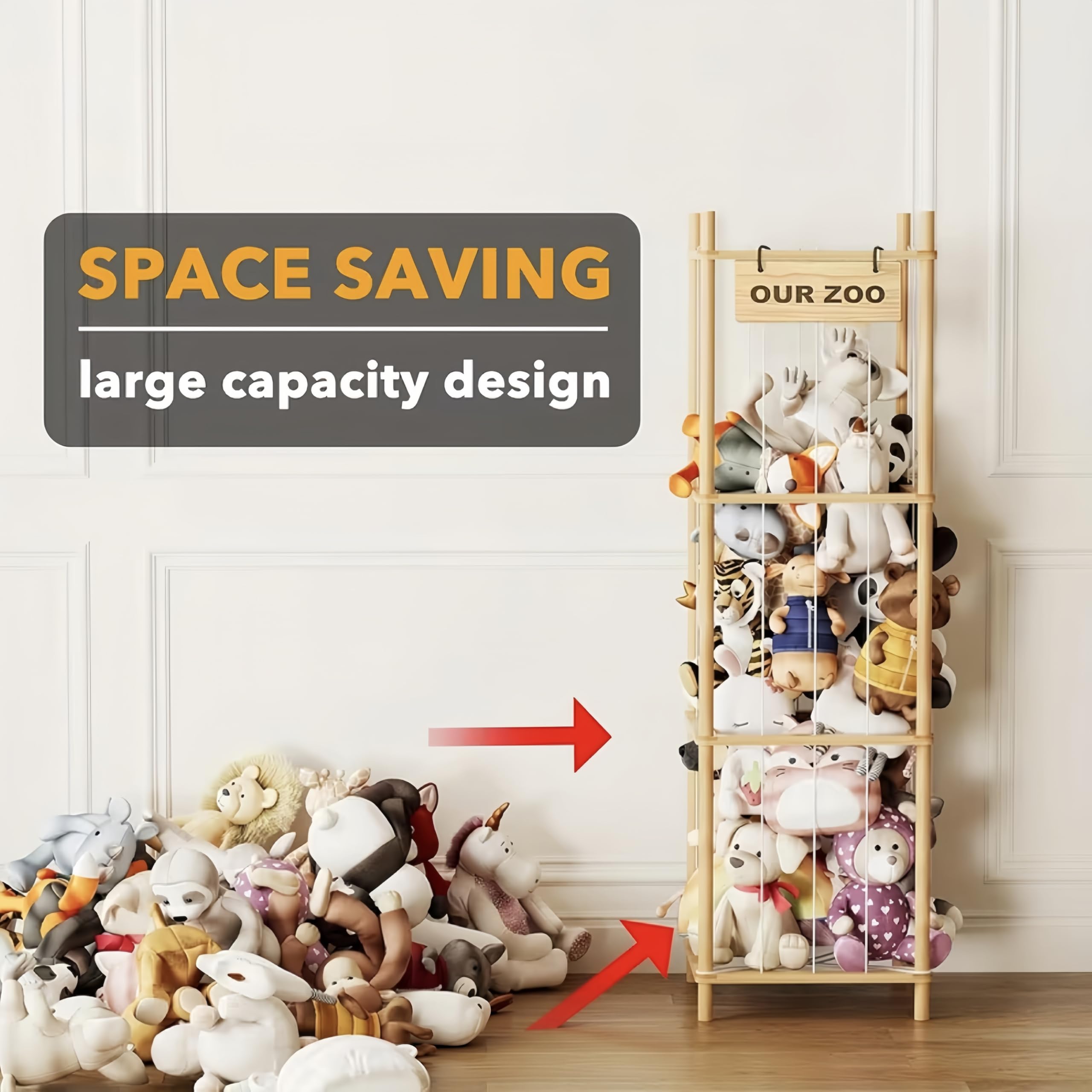 Estantería Organizadora de Peluches en Madera de Pino Natural - Almacenaje de Juguetes para Niños y Niñas 40x40x136 cm - Diseño Creativo Que Ahorra Espacio Ideal para Sala de Juegos