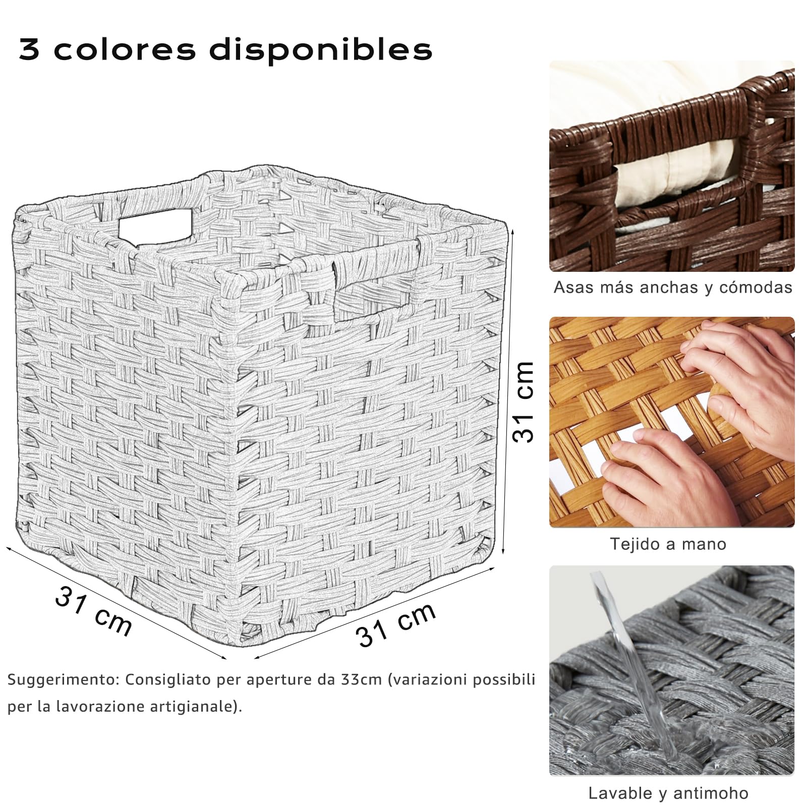Mangata Cubos de almacenamiento de 31 x 31 cm, cestas de almacenamiento de ratán sintético, organizador decorativo para armario, impermeable, no mohoso (Gris, paquete de 4)