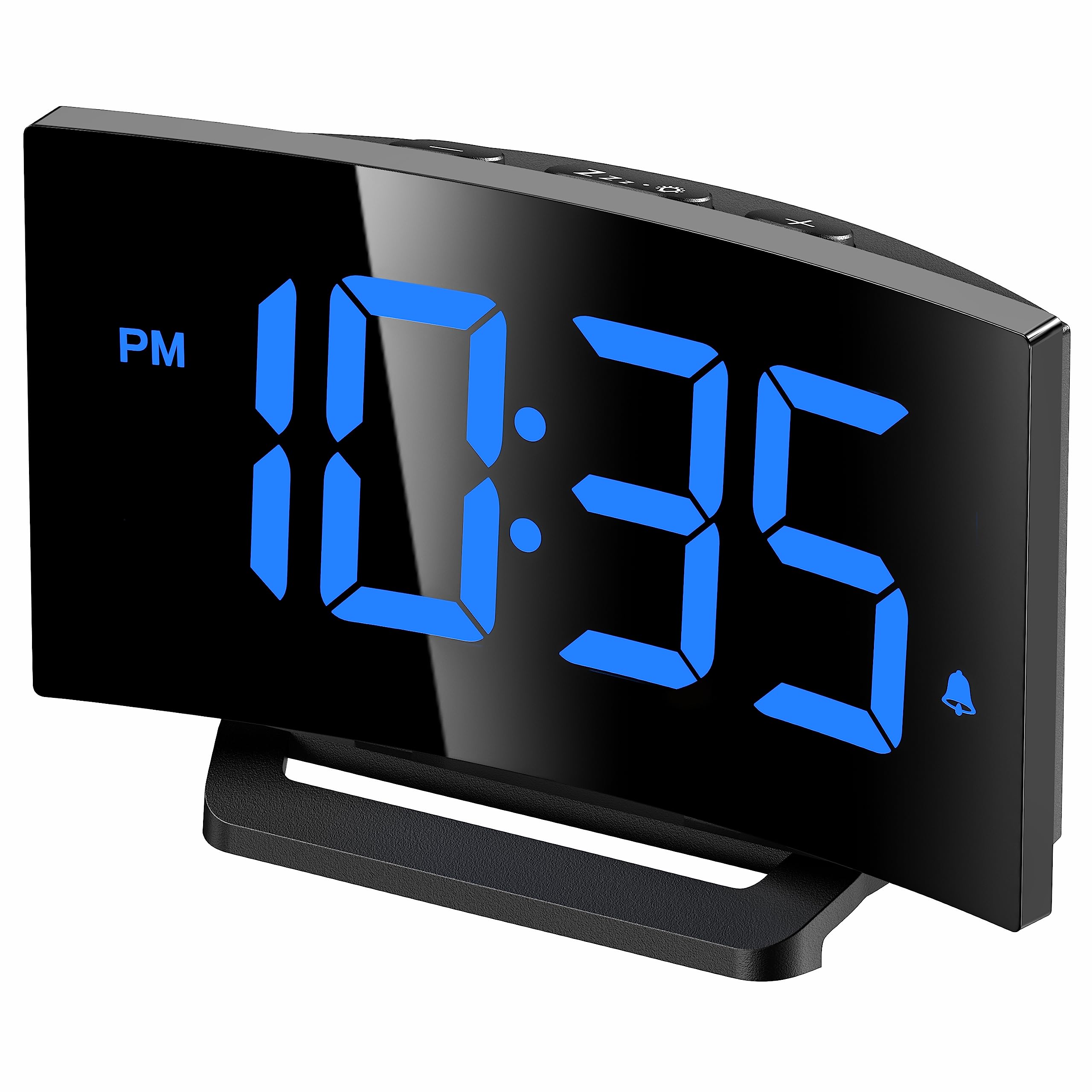 GOLOZA Digital Alarm Clock for Bedrooms, Digital Clock with Modern Curved Design, Conspicuous Blue LED Numbers, 5 Levels Brightness+Off, 2 Volume, 3 Alarm Tones, Snooze, Power-Off Memory, 12/24H