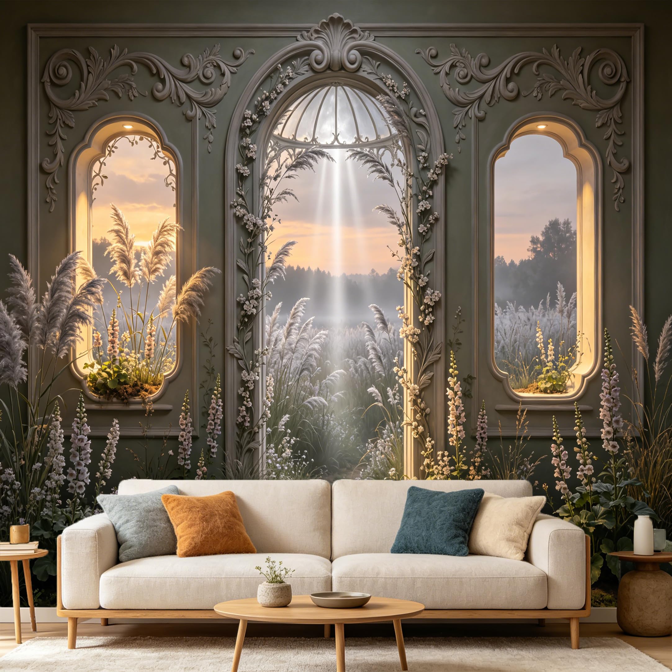 Custom Size Wall Mural， 3D Trompe L'Oeil Archway Sunset Misty Meadow， SelfAdhesive Art Prints wall Fabric Removable Large Wallpaper Home Living Room Decor Mural Backdrop