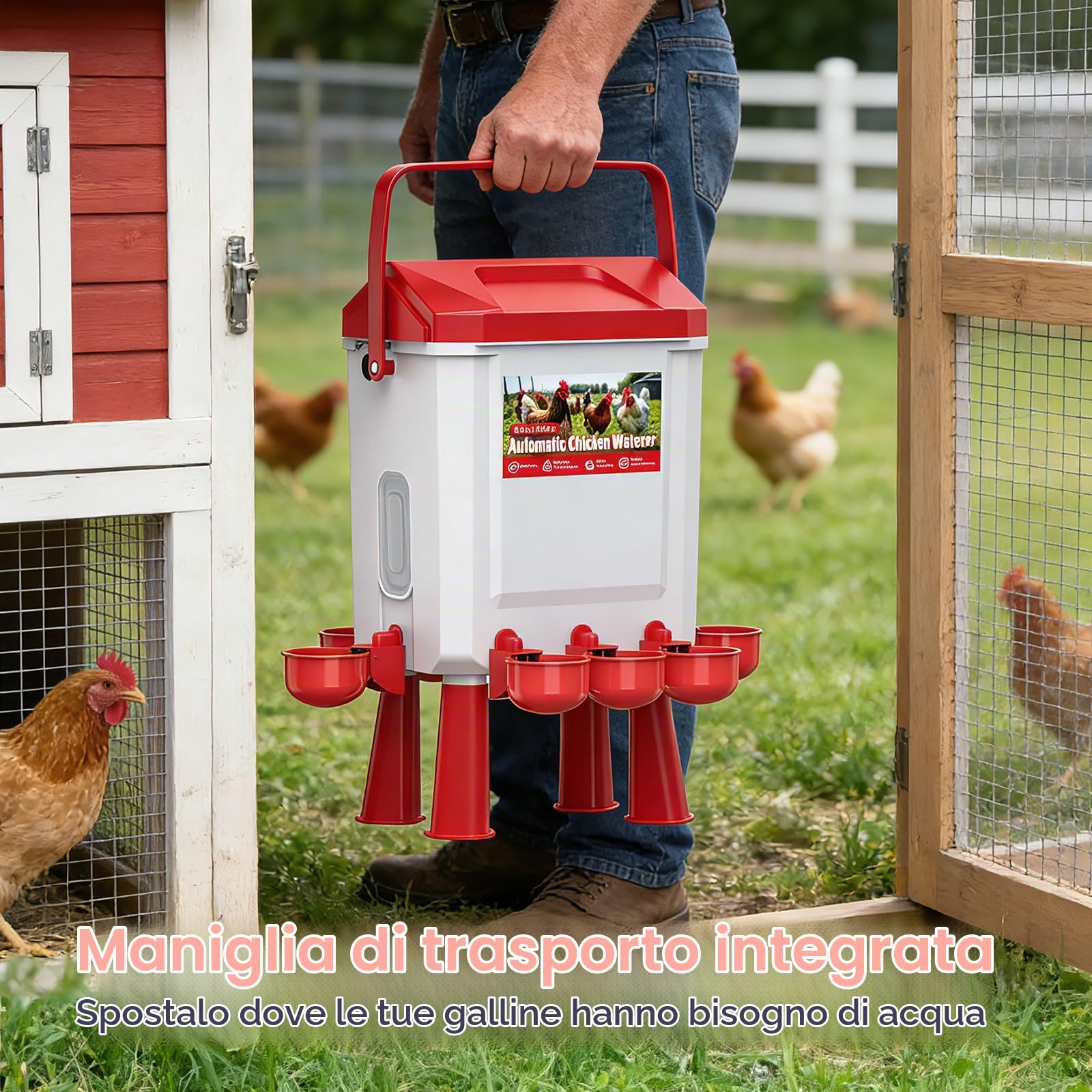 Abbeveratoio Galline Automatico 10 litri con Piedi, 8 Ciotole, Galleggiante Filtrato Controllato