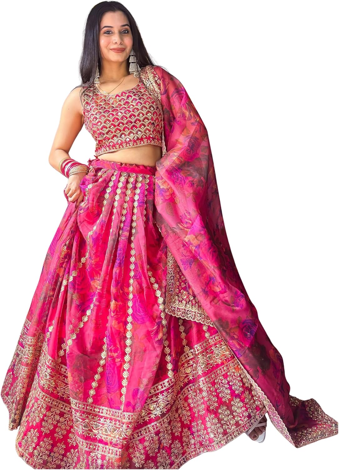 Woman's Stunning Pink Floral Printed Organza Bridesmaid Lehenga Choli.