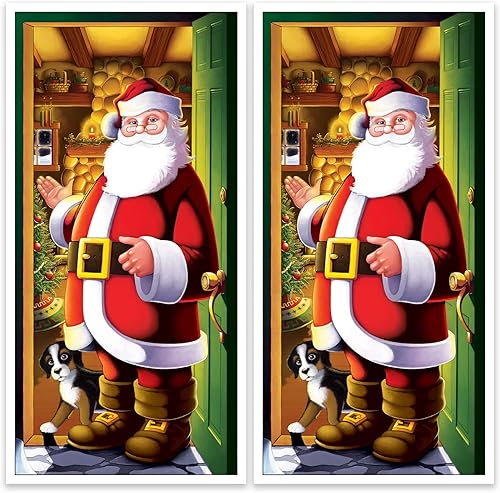Beistle Cubiertas de puerta de Papá Noel, 5 x 30 pulgadas, 2 piezas, plástico para uso en interiores y exteriores, estampado de San Nicolás, fácil