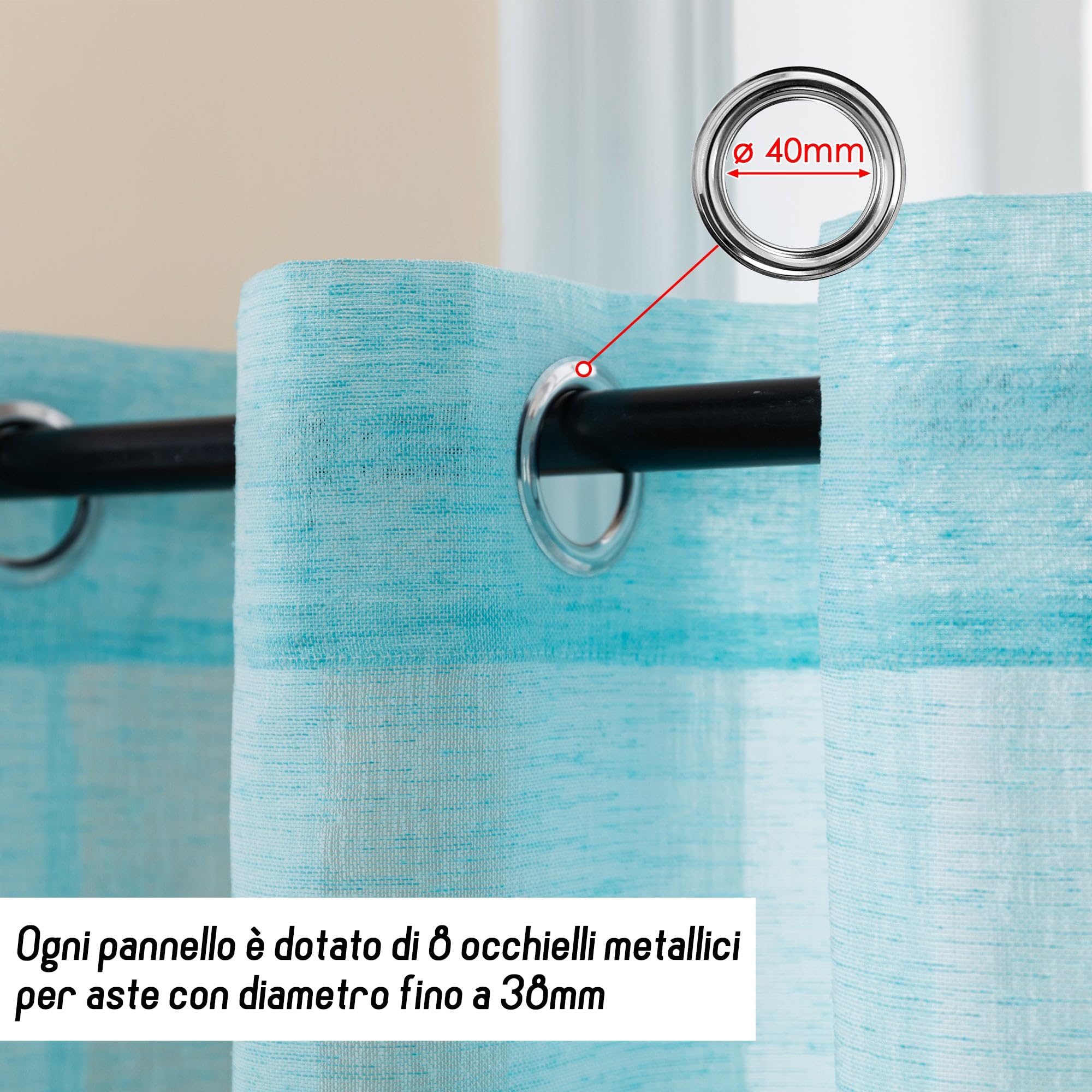 GIRASOLE Pair of Semi-Transparent Voile Curtains Linen Effect for Living Room Room Balcony Window and Interior 2 Panels with Eyelets (Turquoise, 140 x 290 cm)