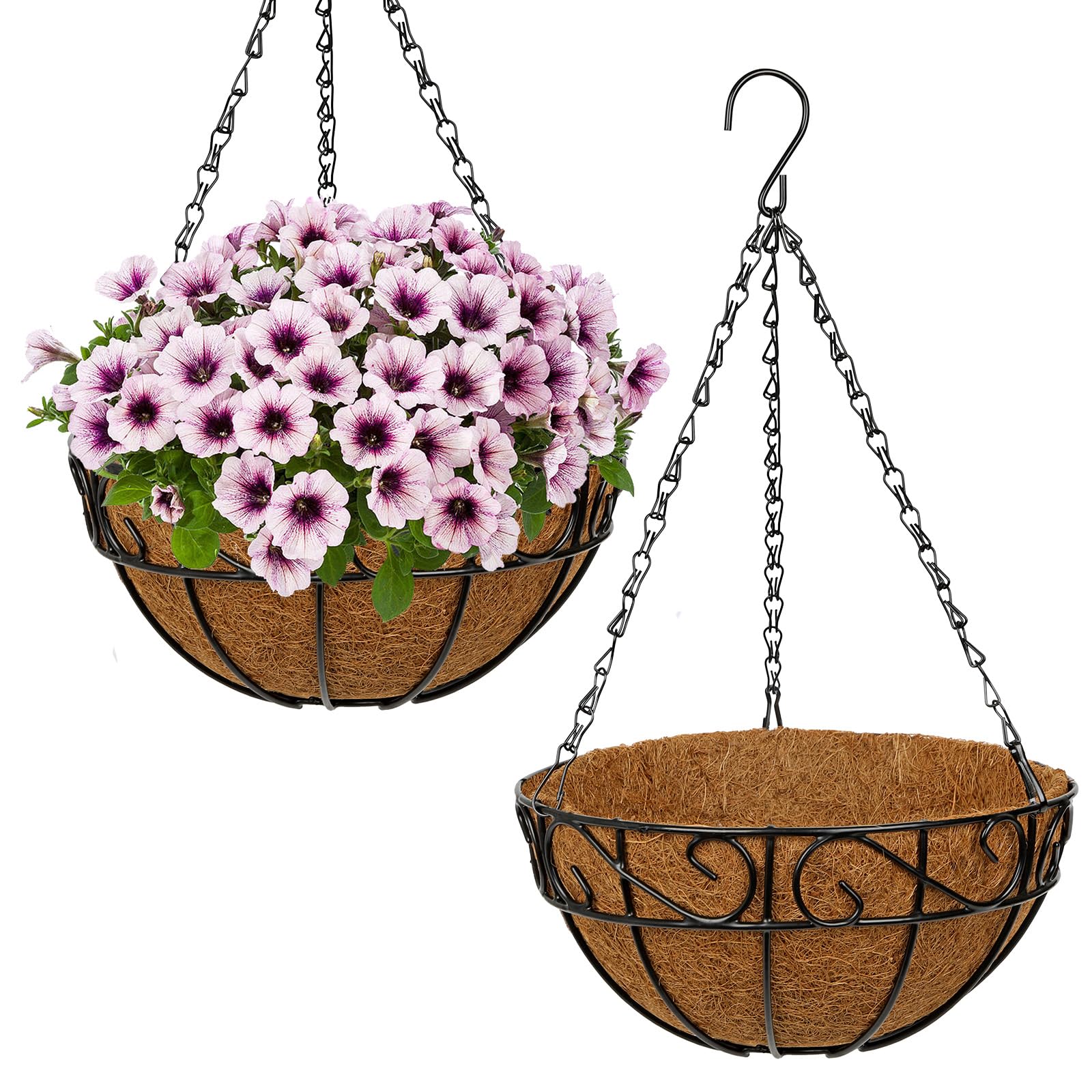 Oairse 2 Pack Hanging Baskets with Coco Coir Liner, 25cm Flowers Basket with Chains and Hooks, Indoor Outdoor Hanging Planters for Garden Balcony Fence Patio Plant Pots