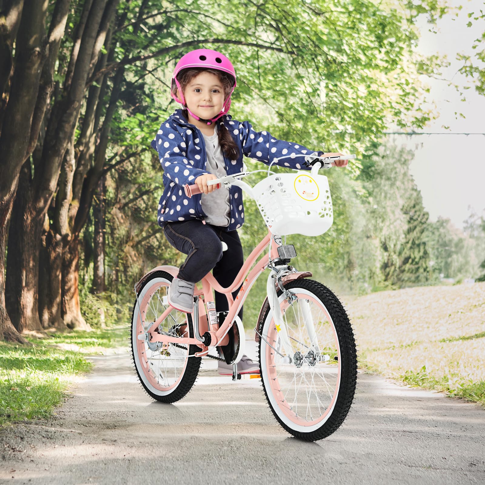 GYMAX Girls Bike for Toddler & Kids Aged 6-9, 18 Inch Kids Bicycle w/Training Wheels, Basket, Bell & Kickstand, Kids Bike w/Dual Handbrake, Adjustable Handlebar & Saddle