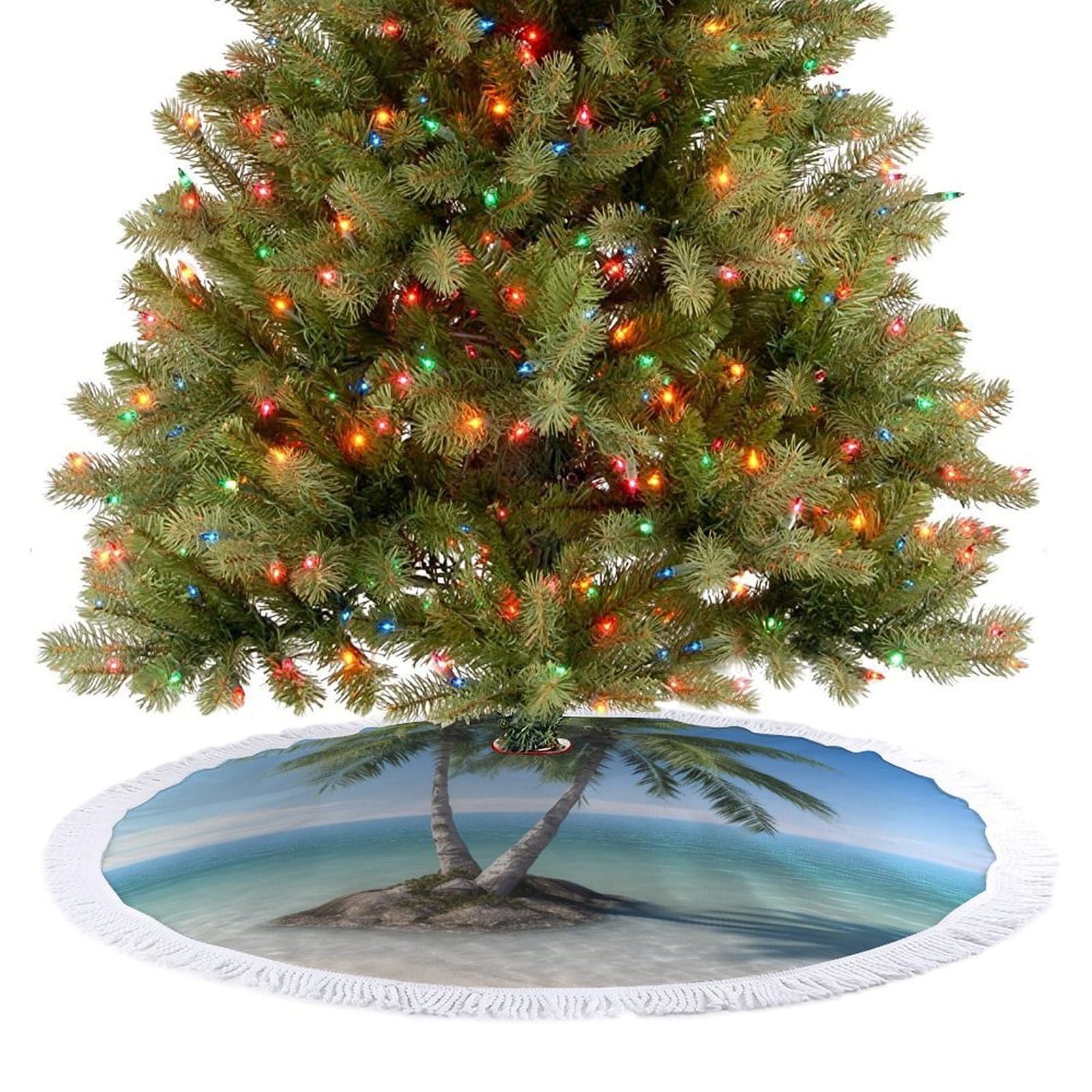 Sea Palm Trees Christmas Tree Skirt 30"x30" Rustic Xmas Tree Mat with Tassel Ornament Christmas Trees Cover Skirt Mat for Evergreen Trees Ornament Winter Holiday Mats Decorations
