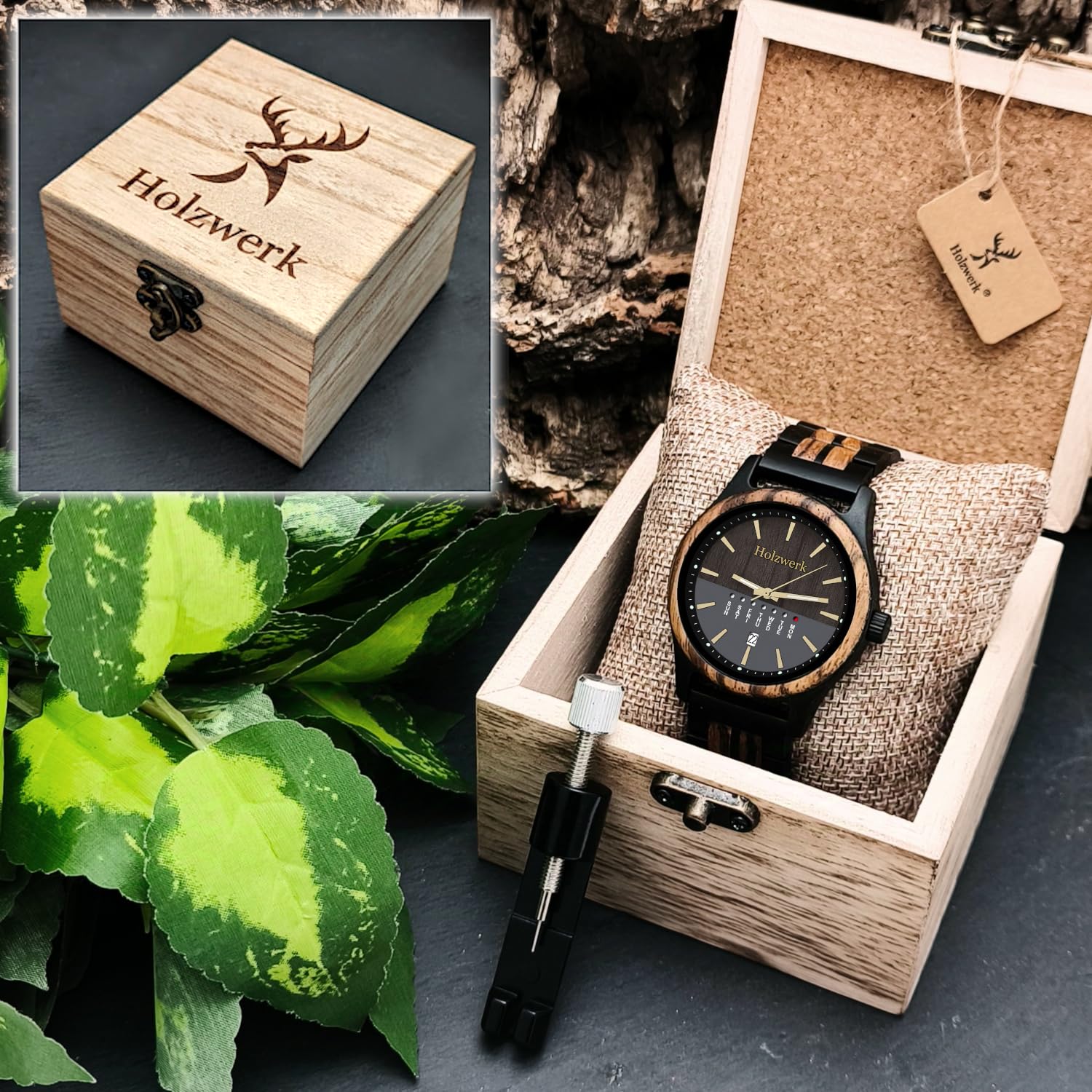 Holzwerk Germany Handgefertigte Herren-Uhr Öko Natur Holz-Uhr Holz Armband-Uhr Braun Blau Buche Gold Schwarz Silber Zebra Bunt Muster Analog Quarz-Uhr Datum und Wochentag Anzeige