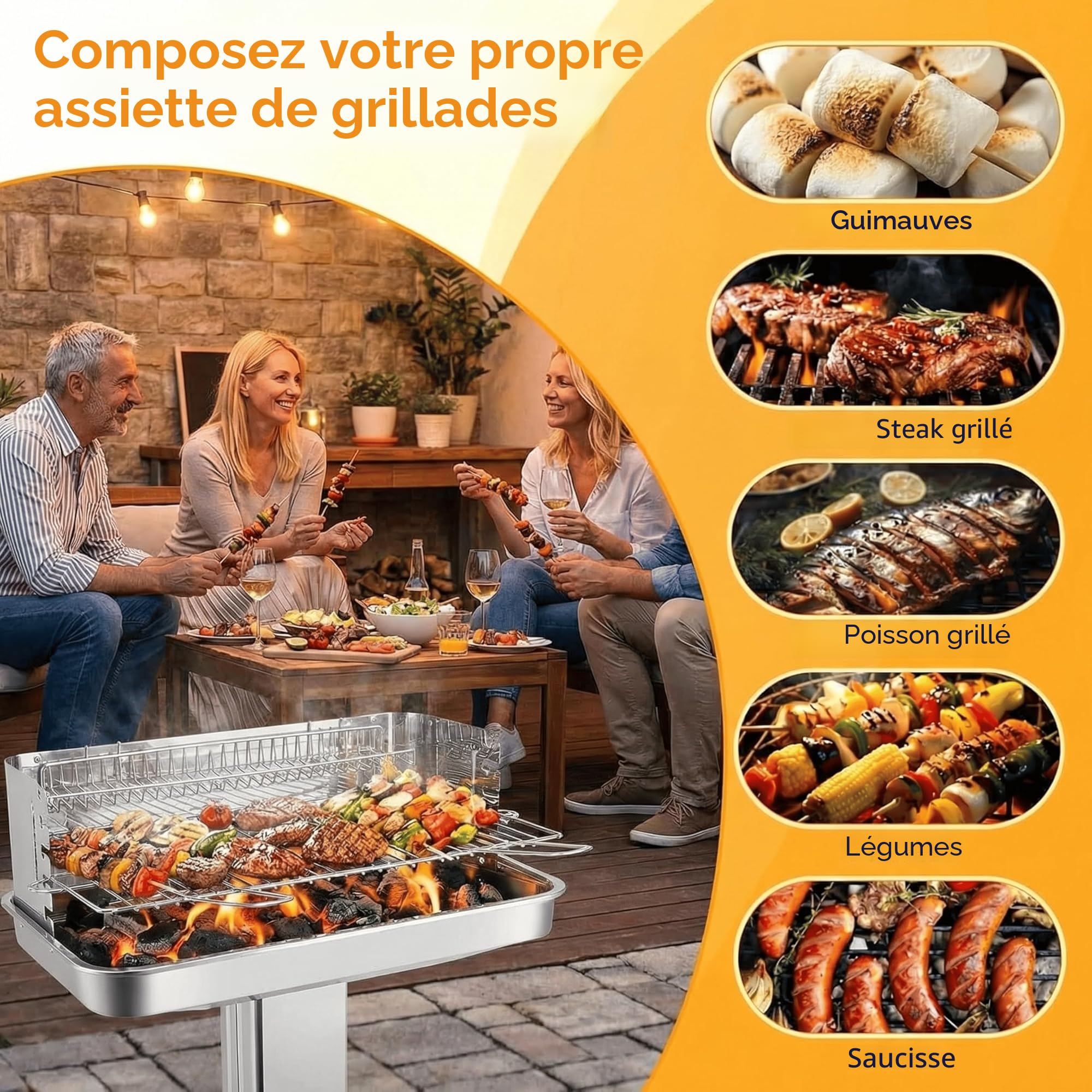 TLGREEN 57*38*90 cm Barbecue à charbon de bois en acier inoxydable, Outdoor | Hauteur réglable en 5 directions, Barbecue à colonne avec grille de chromée, Cendrier et ventilation,BBQ,Plage,Jardin,Camping