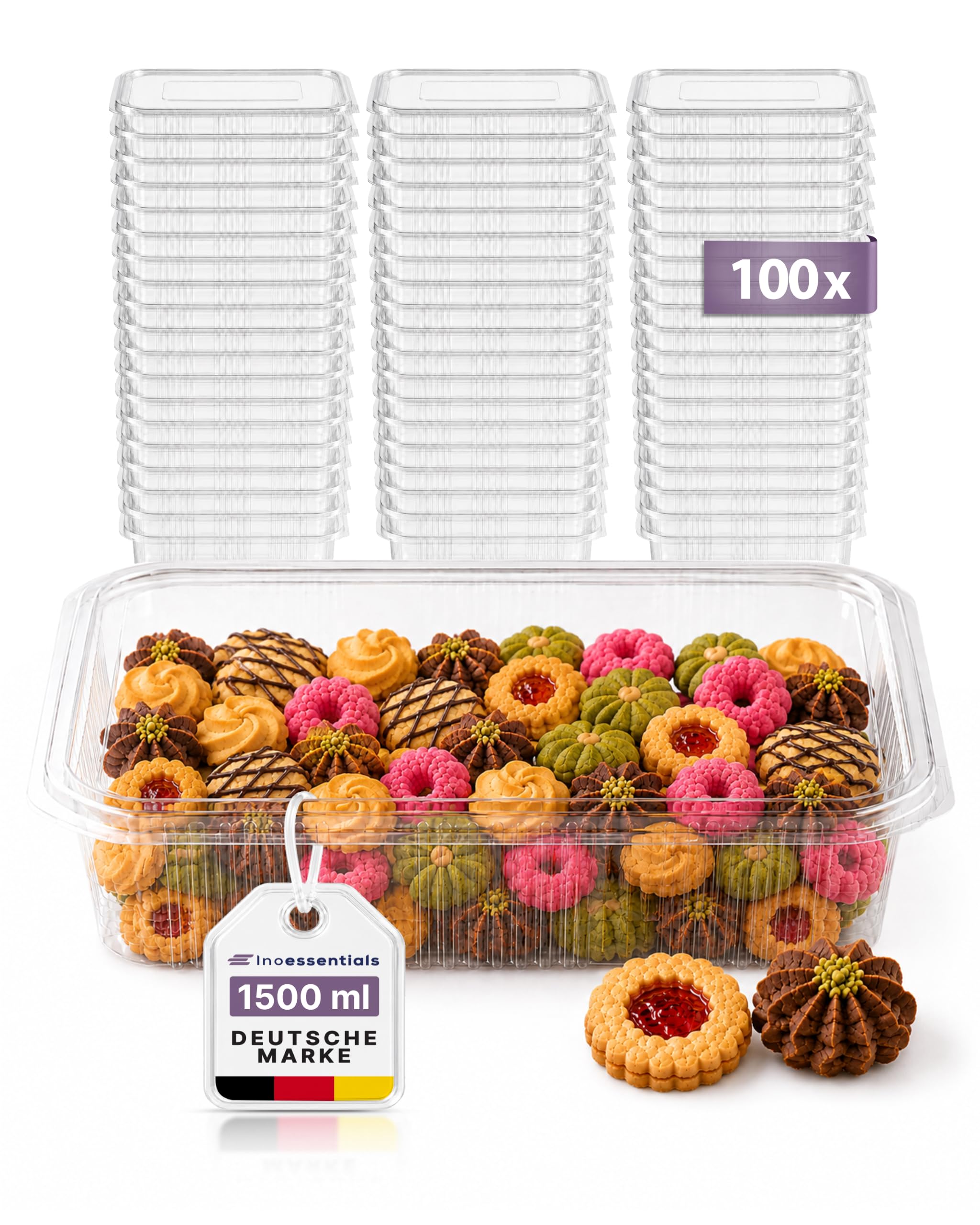 Inoverse Lot de 100 gobelets rectangulaires en PET avec couvercle - 1500 ml