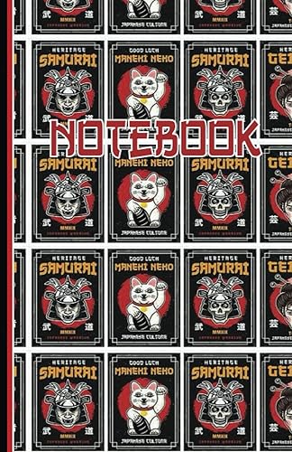 Japanese Manga Style Designer A5 Lined Notebook With Geisha, Samurai Warrior, Manehi Neho, Good Luck And Heritage Motifs: Designer Oriental