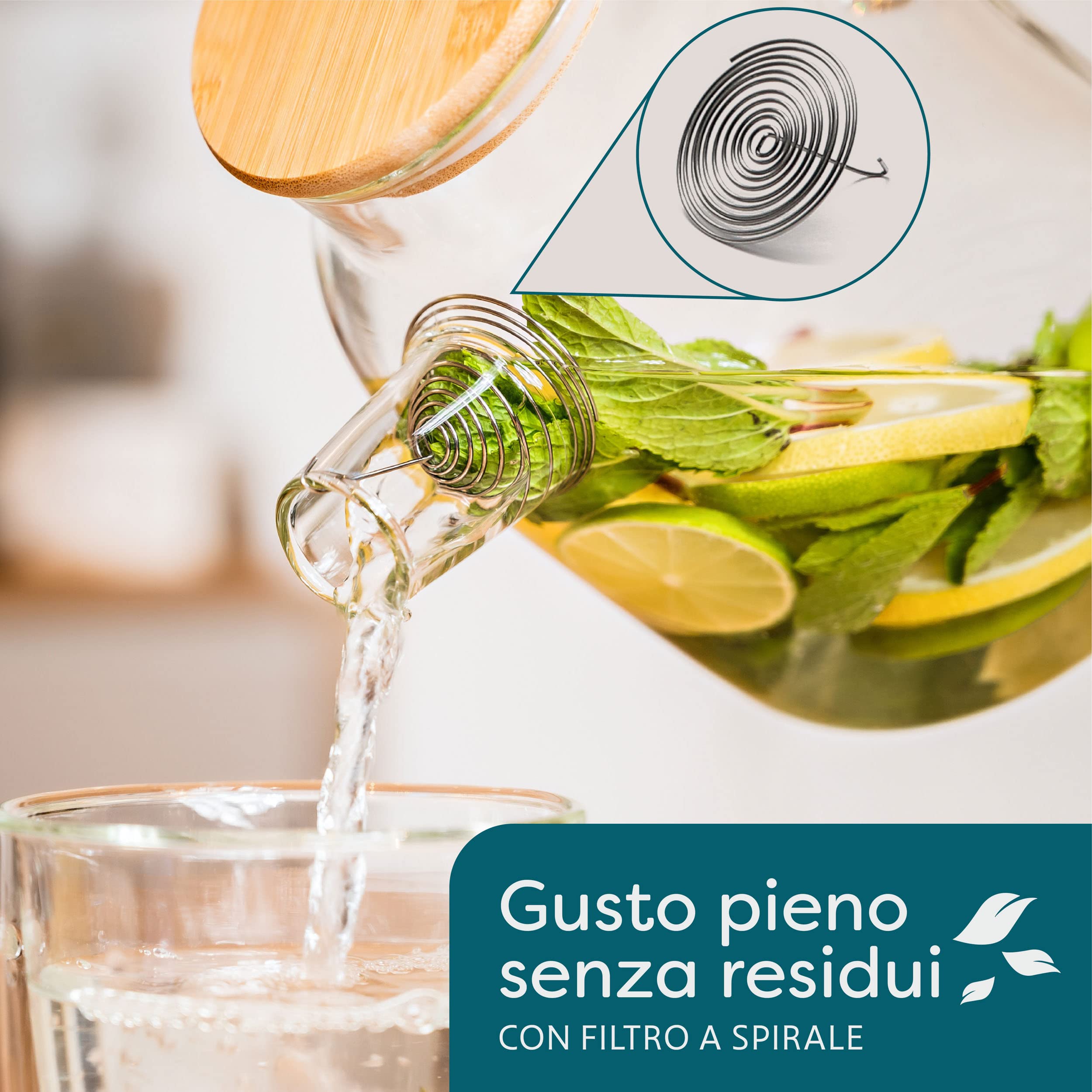 Cosumy Caraffa Vetro 1,5 Litri con Tappo in Bambù - Filtro nel Beccuccio - Brocca per Acqua e Tè - Lavabile in Lavastoviglie