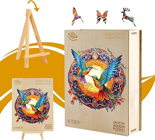Miniatura 7 de Rompecabezas de madera para adultos, rompecabezas de madera de colibrí, mandala de madera con forma única para adultos, rompecabezas de madera para