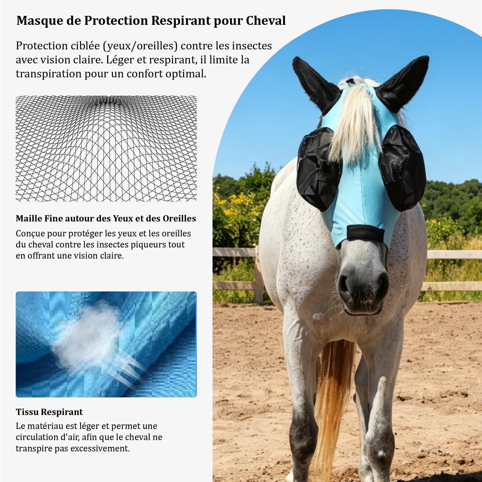 Masque Anti-Mouches pour Chevaux avec Oreilles, Protection UV, Respirant, Grands Yeux - Bleu Lac (Medium)