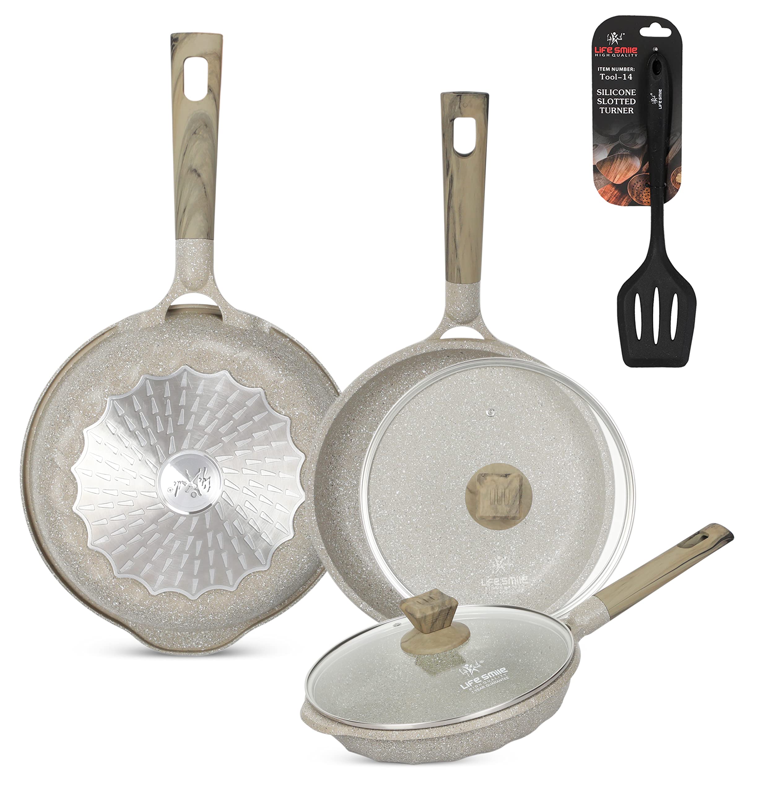 LIFE SMILEFrying Pan Set with Lid & Silicone Turner -Die Cast Aluminum Body With Multi Layer Granite Non-Stick Coating | 100% PFOA FREE | Heat-Resistant Handle Hanging Loop (20/24/28 CM, Green)