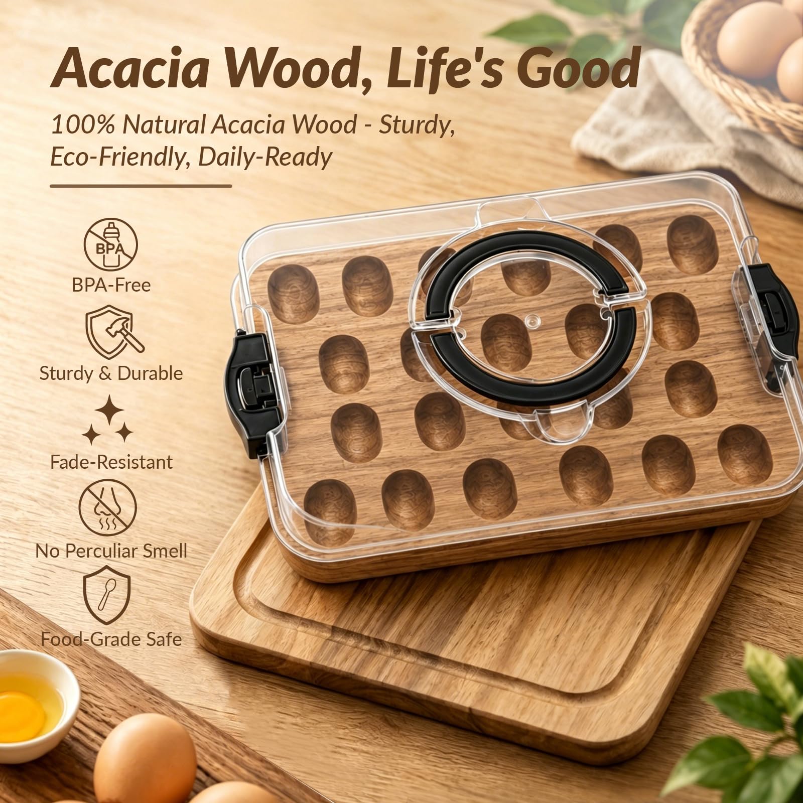 Plateau à Œufs Mimosa 22 Alvéoles avec Couvercle et Poignée | Bois D'acacia, Sans Bpa, Planche à Charcuterie Réversible, Verrous de Sécurité, Fêtes, Pâques, Repas Entre Amis et Cuisine