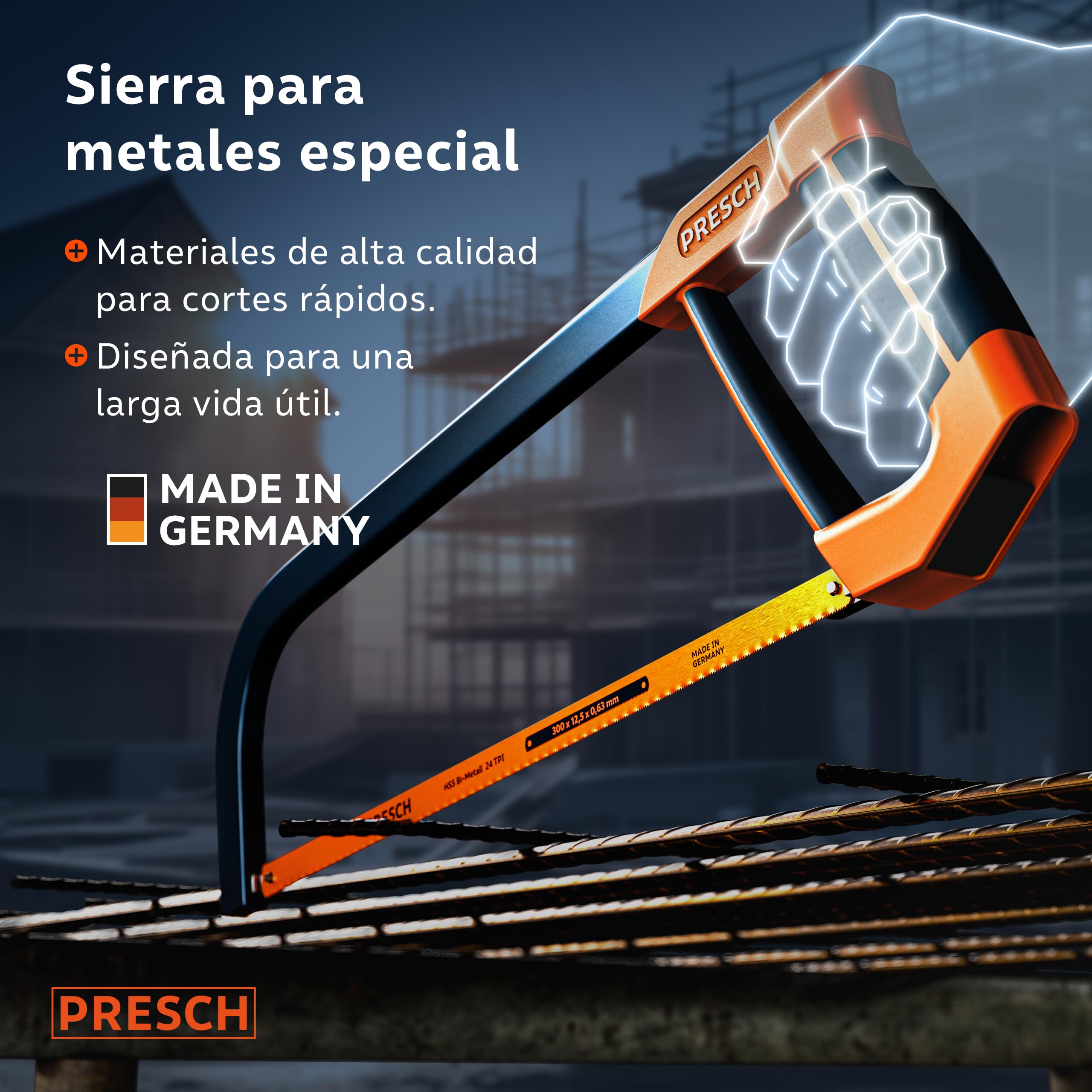 Presch Sierra de arco 300mm - Con hoja de sierra BI-metal para un corte preciso - 90° Rotación de la hoja de sierra para cortes horizontales y verticales - Mango con llave de tensión incluida