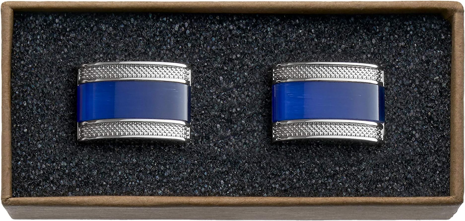Men's Cufflinks -"Men's Essentials" in Box (1 Pair - Silver Metal, Blue Stone)