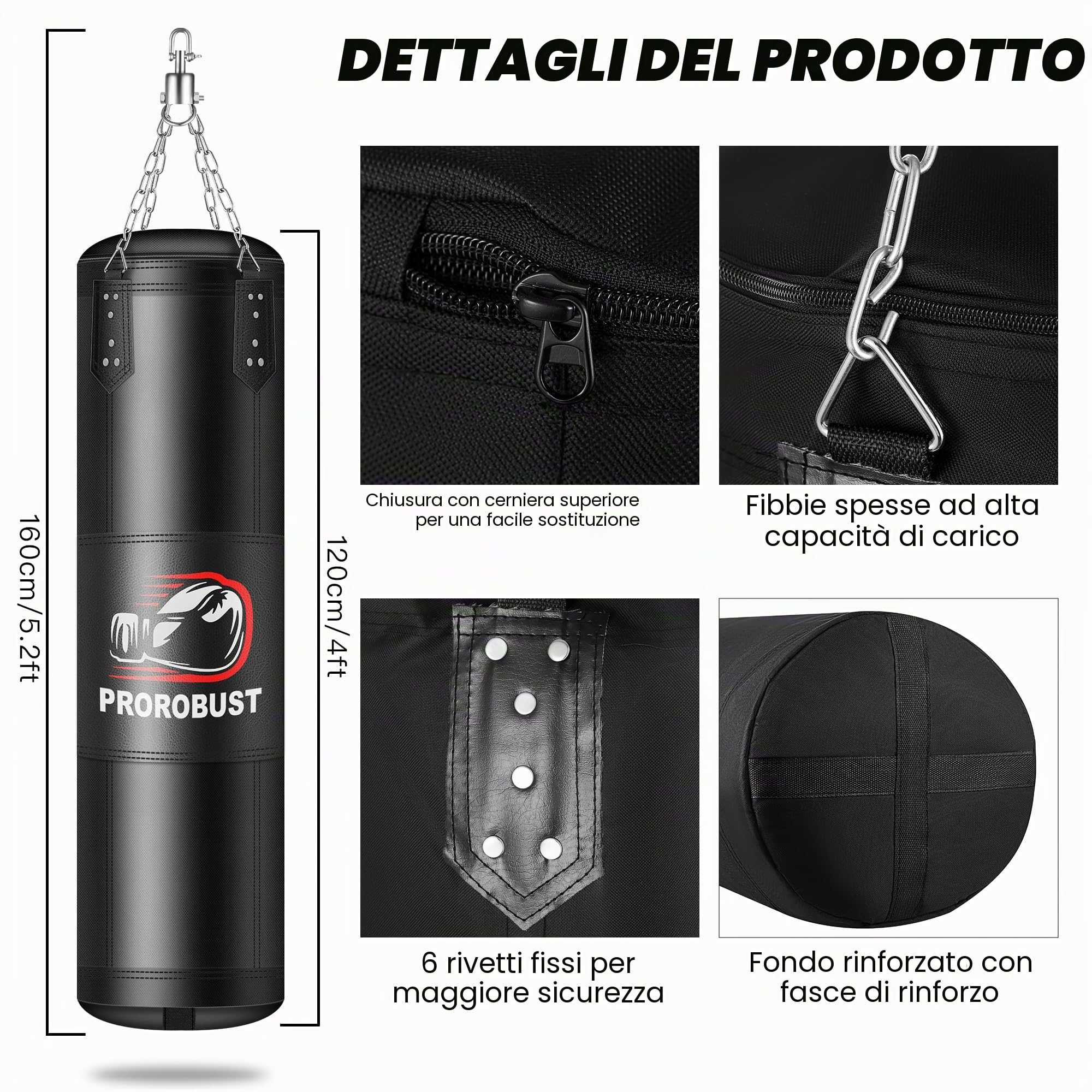 Sacco da boxe per adulti, 1.2 m Oxford pesante, set con guanti da 12 oz per MMA, kickboxing, boxe, karate, allenamento in palestra a casa (non riempito), nero, 120 cm