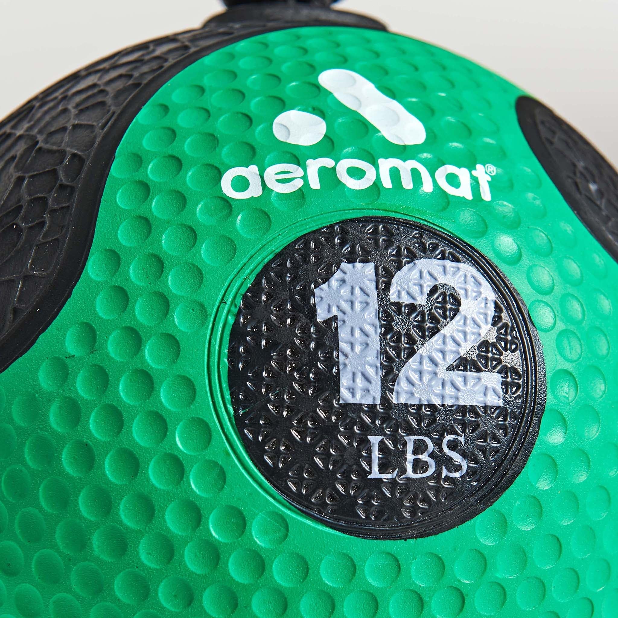 AeromatElite Power 39" Rope 12 lb Medicine Balls for Exercise - 9" Dia Workout Ball, Weighted Exercise, Weight Wall Color-Coded Ball with (Green)