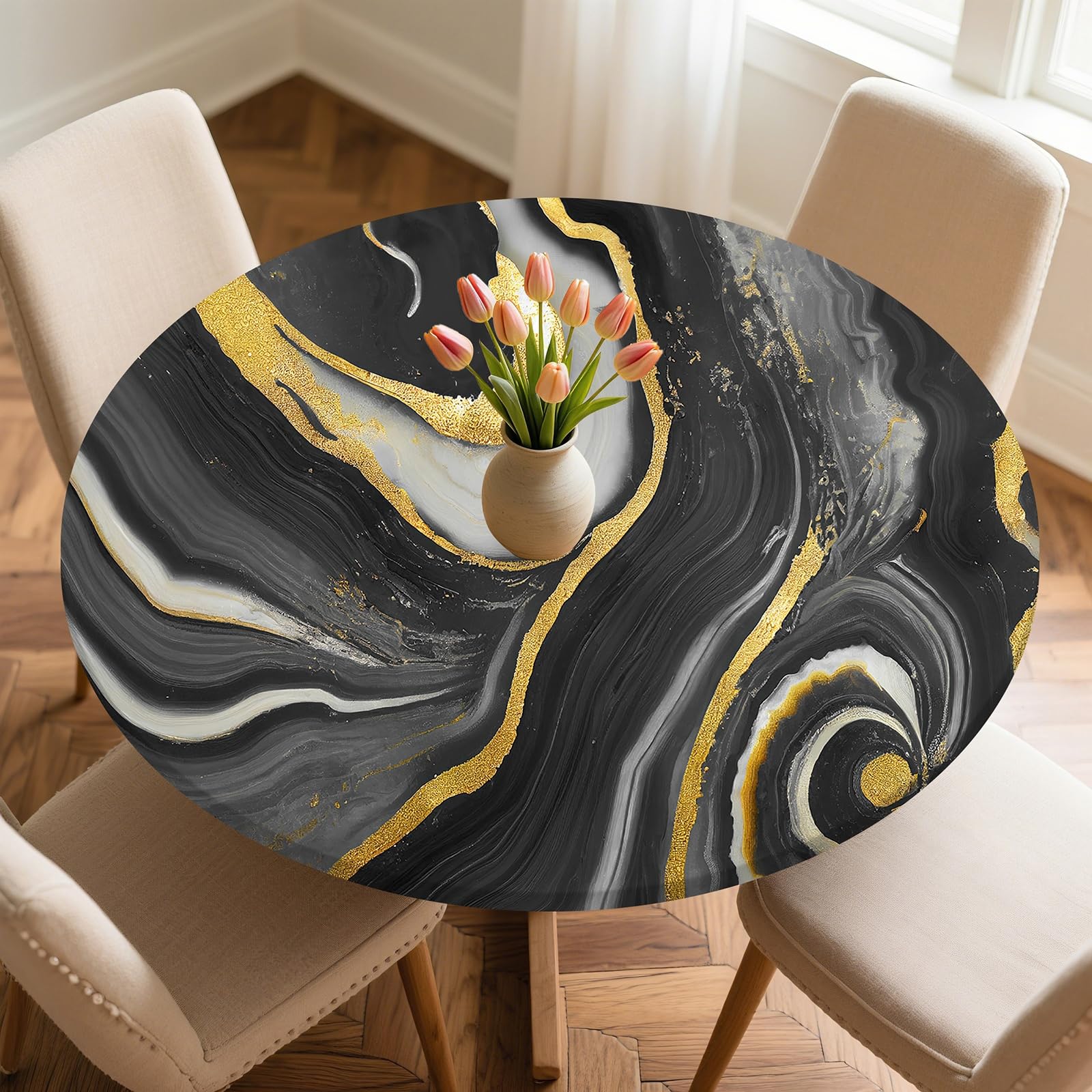 Odot Round Tablecloth Wipe Clean 60-160cm, 3D Black Marble Round Outdoor Table Cover Fitted Elastic Edged Washable Circle Table Cloth Protector Decorative for Kitchen Dining Room (Gold,140cm)