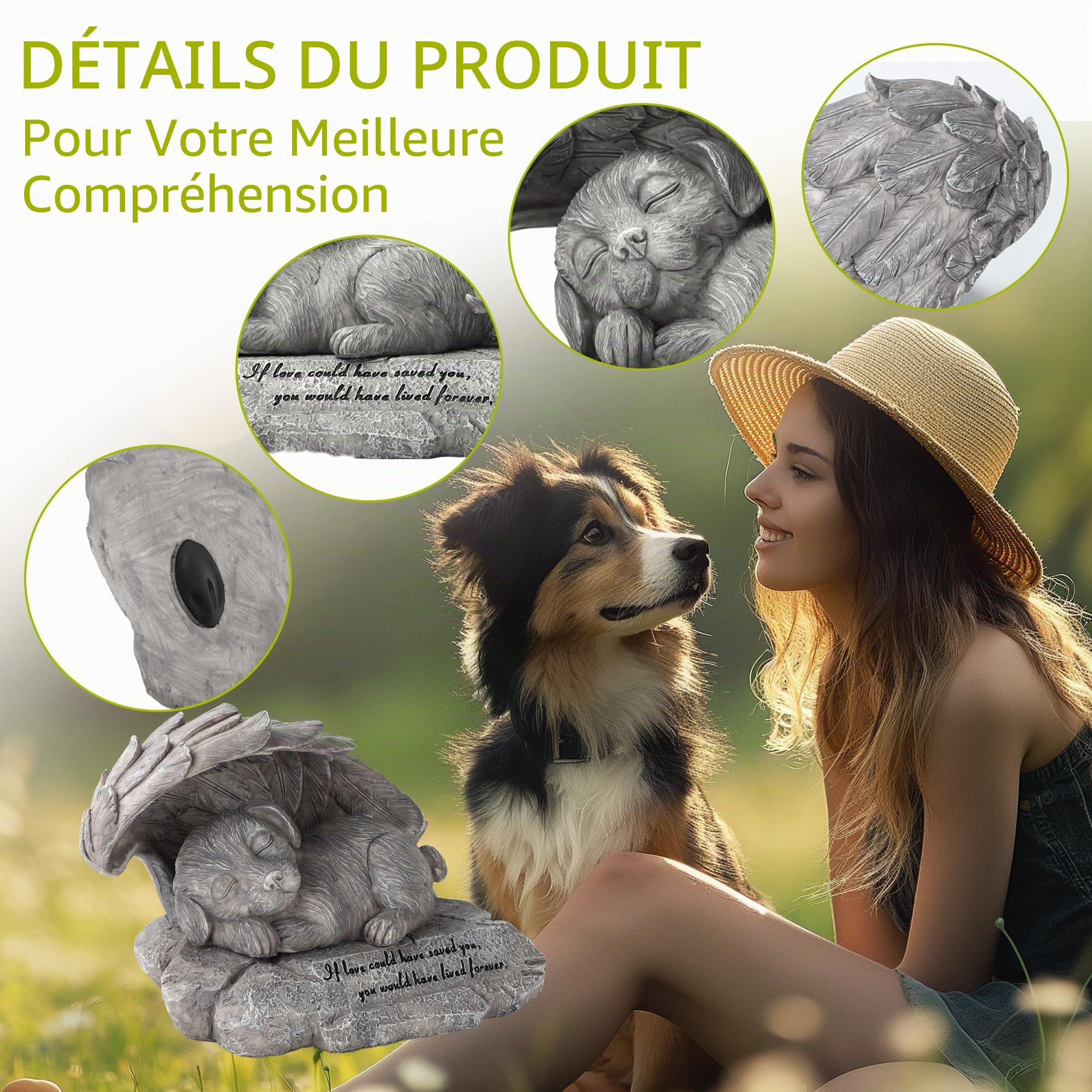 Mémorial pour chien et animal de compagnie - Statue commémorative pour chien - Pierre avec ailes d'ange - Urne pour chien - Cadeau de perte - Décoration de jardin en plein air