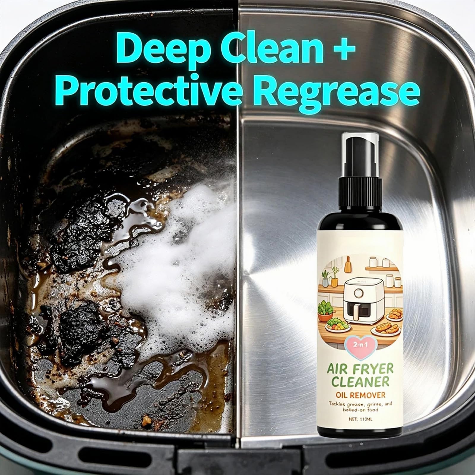 2 w 1 Airfryer i spray odtłuszczający, bezpieczny do powłok zapobiegających przywieraniu, spirali grzewczej i strefy grzewczej, wydajny spray do usuwania tłuszczu do grilla, usuwa spalony tłuszcz i (6