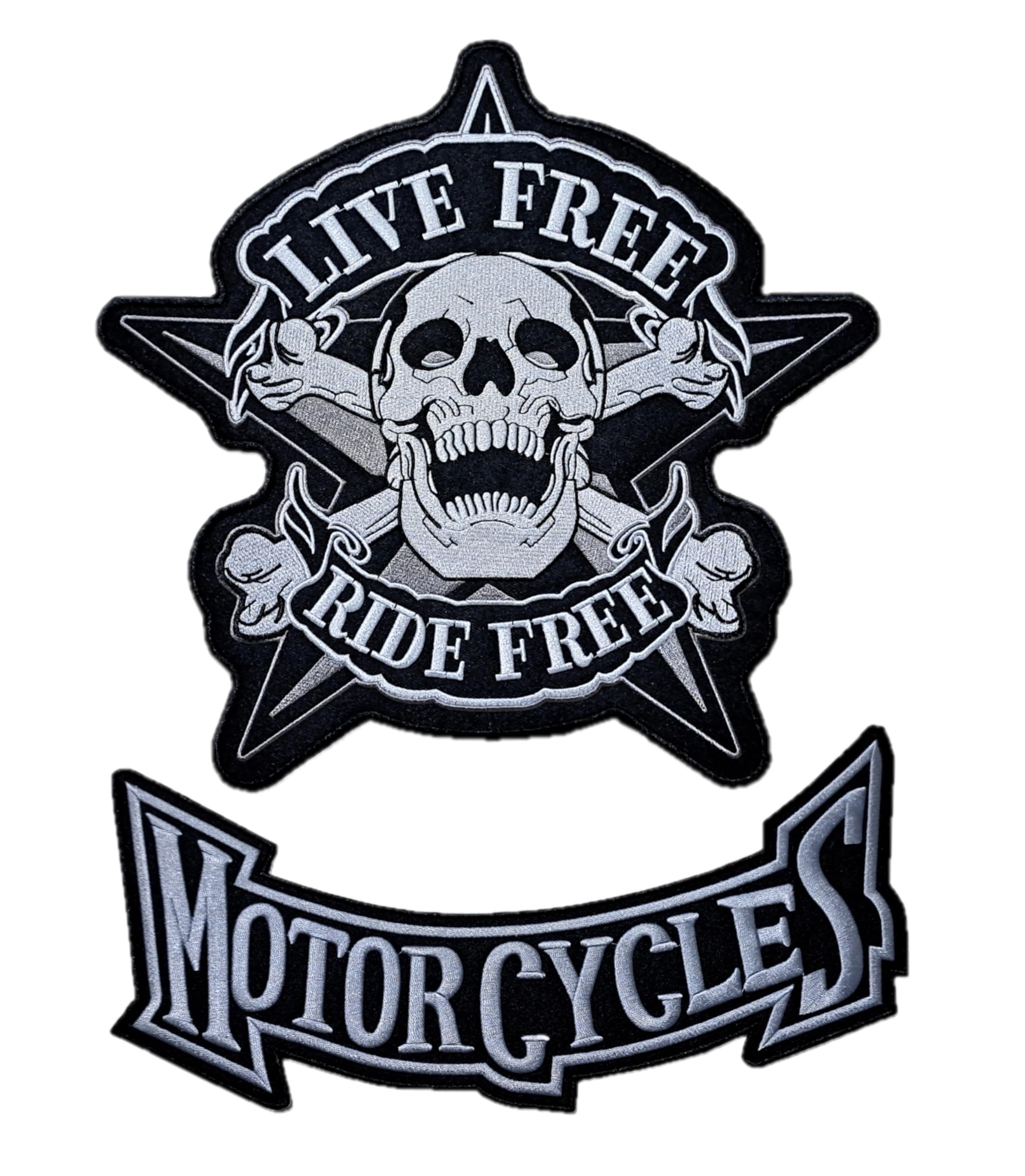Lot de 2 patches crâne sur étoile "Live Free Ride Free" + MOTORCYCLES stlized pour chapter, motards, iron, pour veste et gilet motard