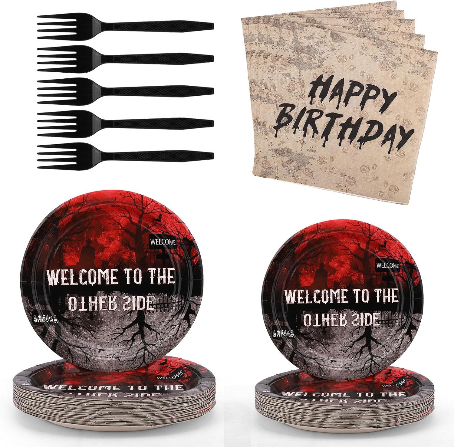 SAVITA 96pcs Welcome to the Party Supplies, Spooky Theme Party Decorations with Dinner Plates Dessert Plates Napkins & Forks for 24 Guests Birthday Decoration Supplies