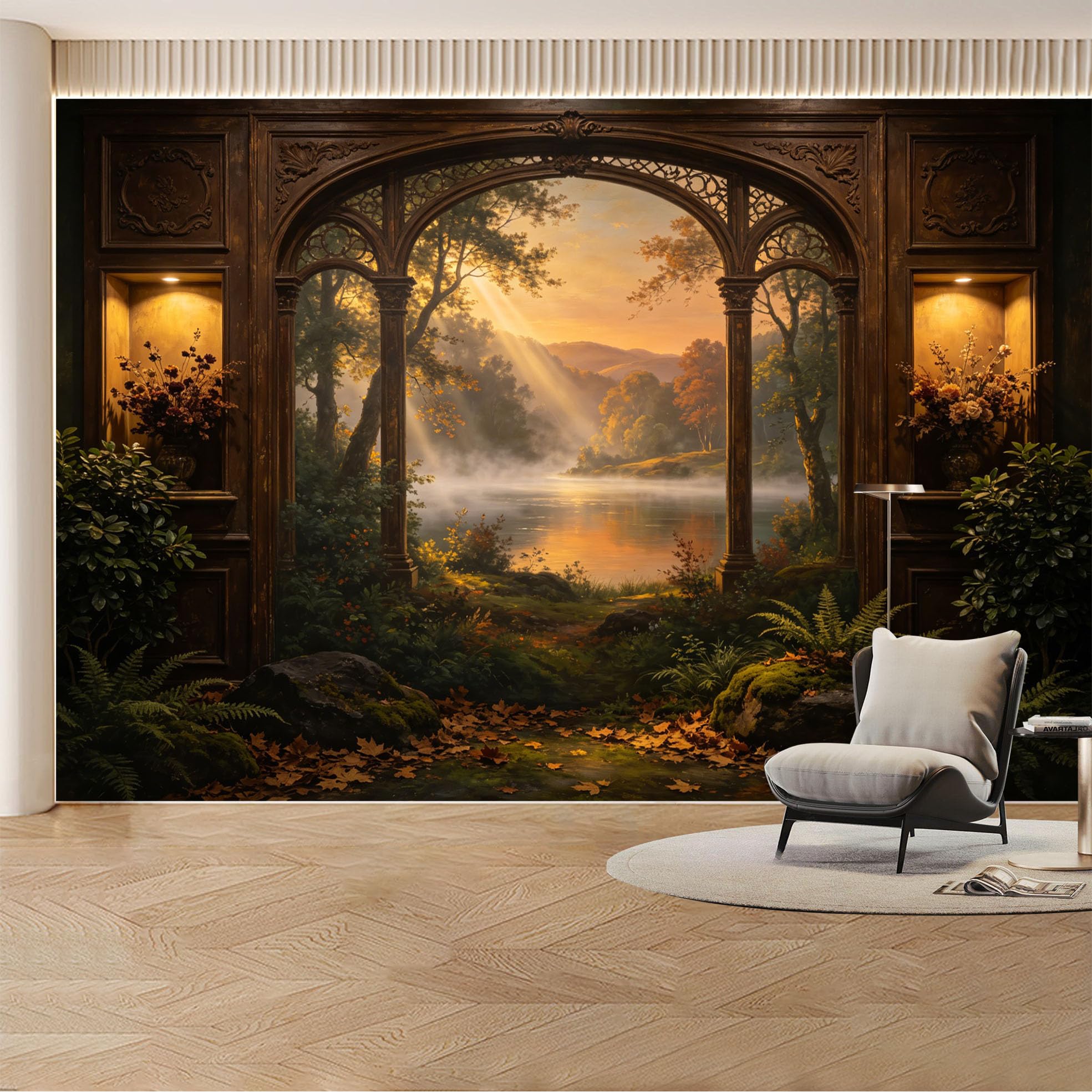 Custom Wall Mural Wallpaper Forest Lake Landscape 3D Effect Wall Decor Vintage Luxury Misty Removable SelfAdhesive Large Photo for Living Room， Bedroom， Office