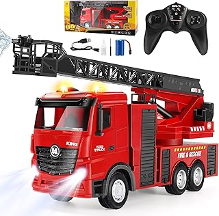 Joellfuner Fire Engine Remote Controlled, 1:18 15-Kana Large Fire Brigade Toy, Fire Brigade Truck Toy Car, Fire Brigade Car Children with 66 cm Ladder and Water Spray, Sound and Light