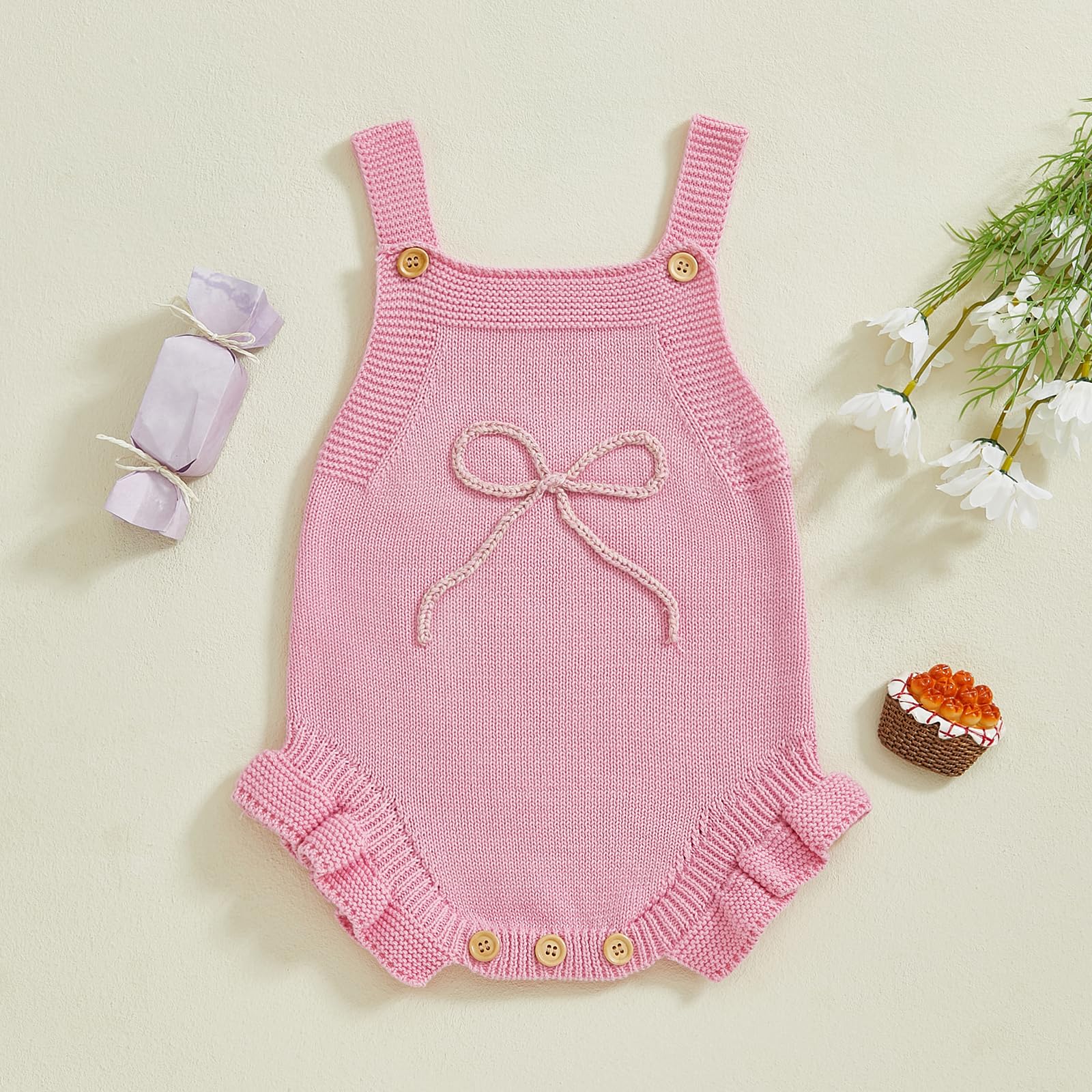 KtwHarnu Newborn Baby Girl Clothes Bow Embroidery Romper Sleeveless Knit Romper Jumpsuit Sweater Bodysuit One-Piece Outfit (A-Pink, 0-3 Months)