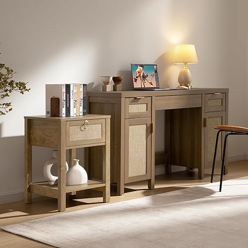 Miniatura 7 de SICOTAS Juego de 2 mesitas de noche, cajón decorativo de ratán con perillas de latón, mesita de noche, mesas auxiliares bohemias con estante de