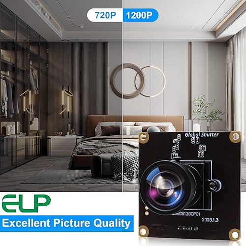 Vista 3 de ELP High Speed Wide Angle Global Shutter USB Camera Module for Computer 1080P Mini UVC USB2.0 Webcam Board with 120degree No Distortion Lens AR0234
