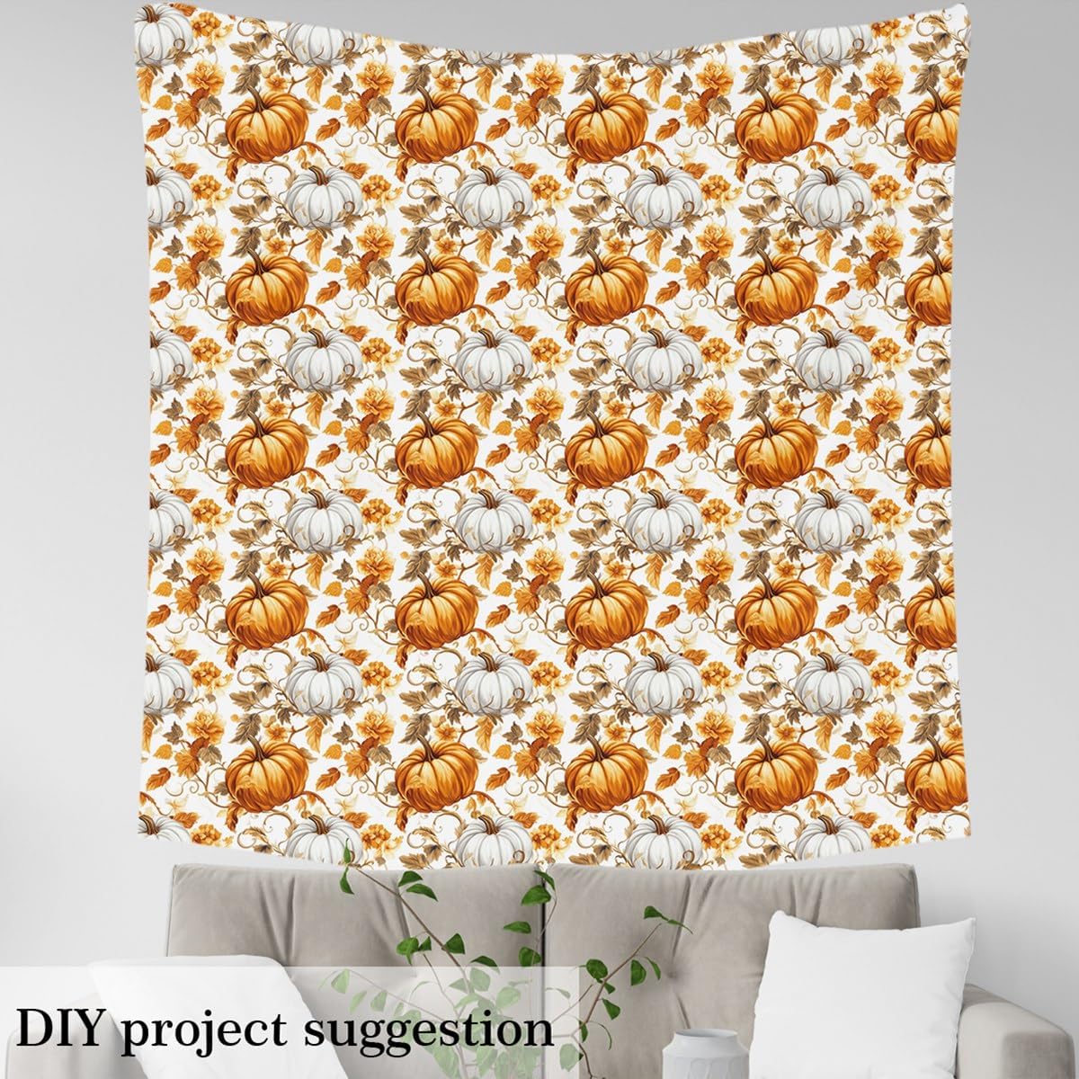 Pumpkin Fabric by The Yard Watercolor Orange Pumpkin Plants Fabrics for Sewing Lovers Autumn Country Rustic Style Fabric for Room Decor and DIY Upholstery 3 Yards,108" L x 59" W