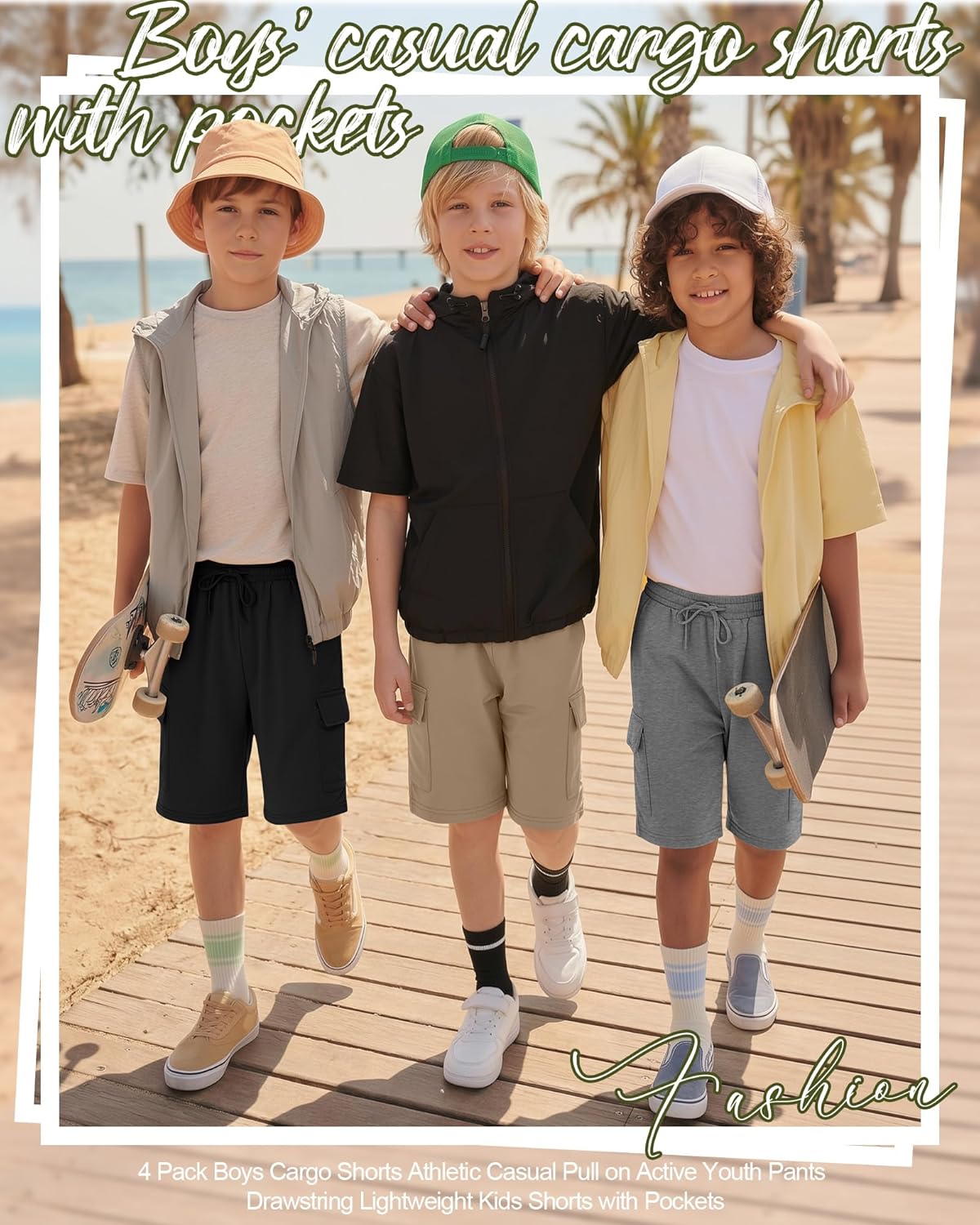 4 Pack Boys Cargo Shorts Kids Bermuda Casual Athletic Sweat Shorts with Pockets Elastic Waist Drawstring 5-16 Years