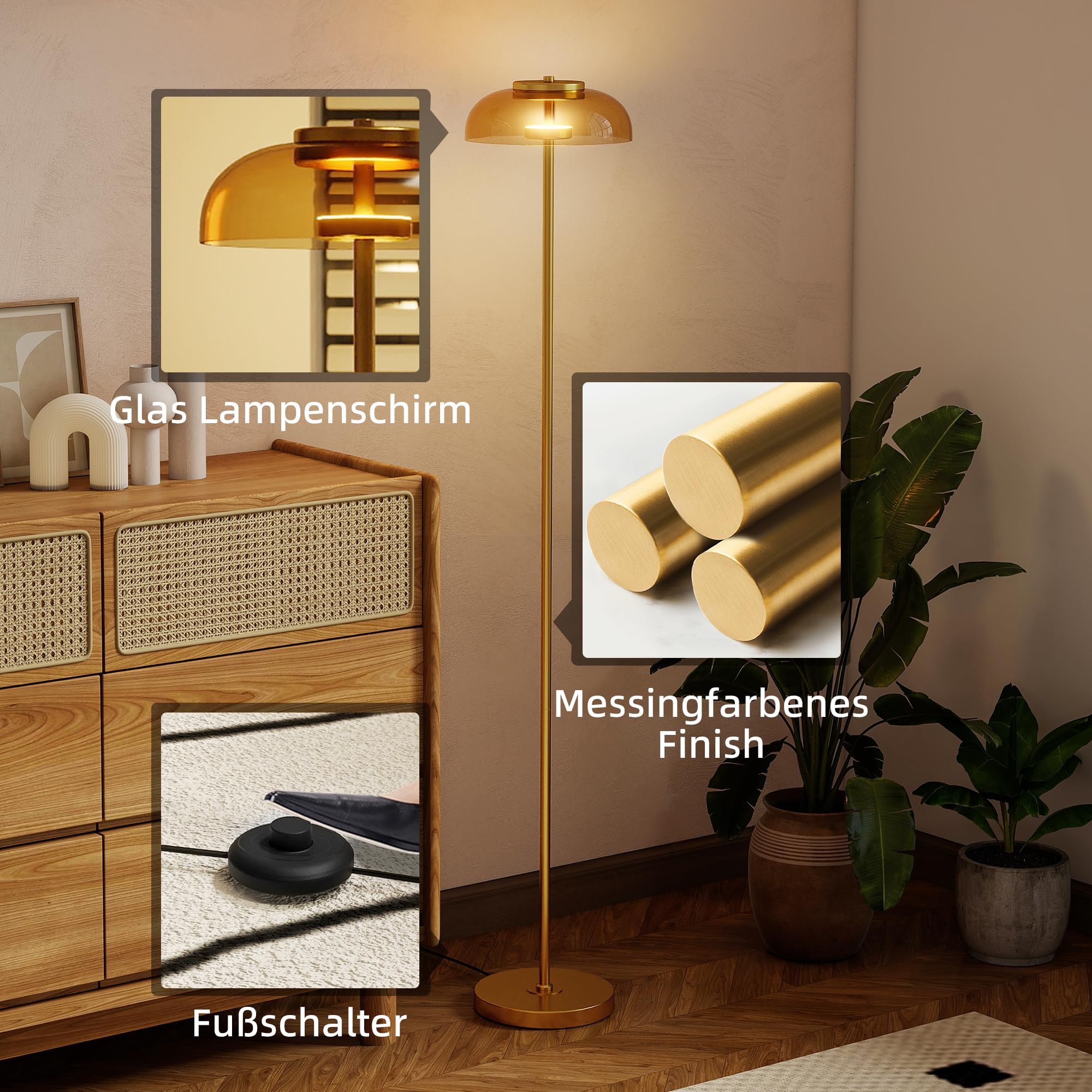 HOMCOM LED Stehlampe für Wohnzimmer, Standleuchte, Warmes 3000K, Messing