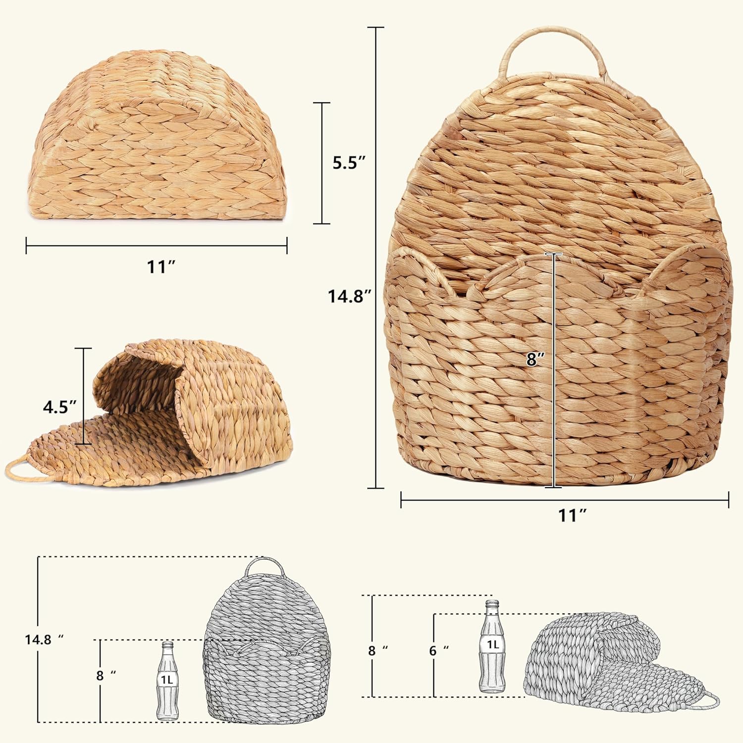 2 PC Door Basket Scalloped Hanging Storage Basket,Water Hyacinth Woven Wall Baskets for Front Door Decor, Hangable Storage Organize for Flowers,Planter,Mails,Wicker Baskets for Organizing Garden - L*2
