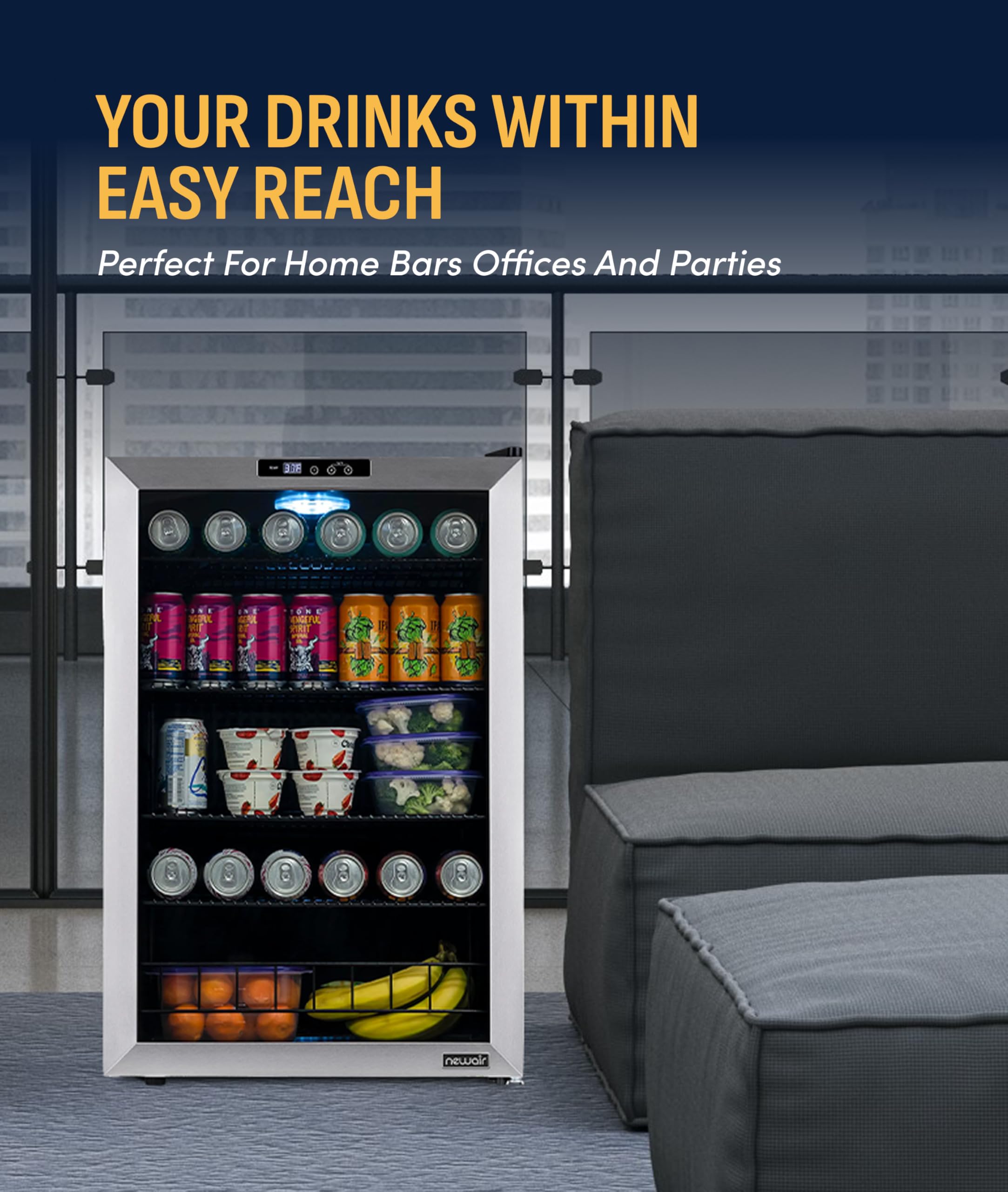 NewAir 160 Can Beverage Refrigerator | Freestanding Small Mini Fridge For Bedroom, Home Bar Or Living Room | Splitshelf Storage, Digital Thermostat & LED Light | Stainless Steel on Fridge.com - View 3