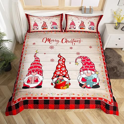 Manfei Juego de funda de edredón de gnomos de Navidad, tamaño King, funda de edredón de Navidad rústica de madera y cuadros rojos con 2 fundas de