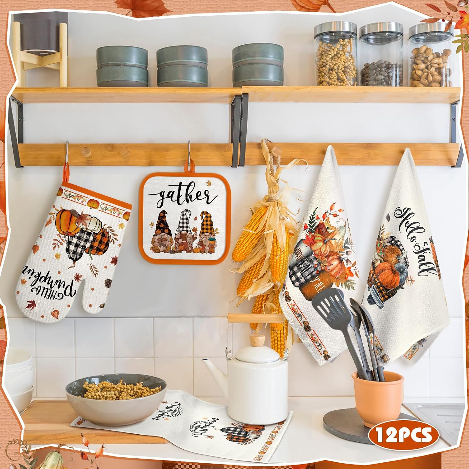 SiliFine 12 Pcs Fall Pumpkin Kitchen Towels Oven Mitts Pot Holders Set