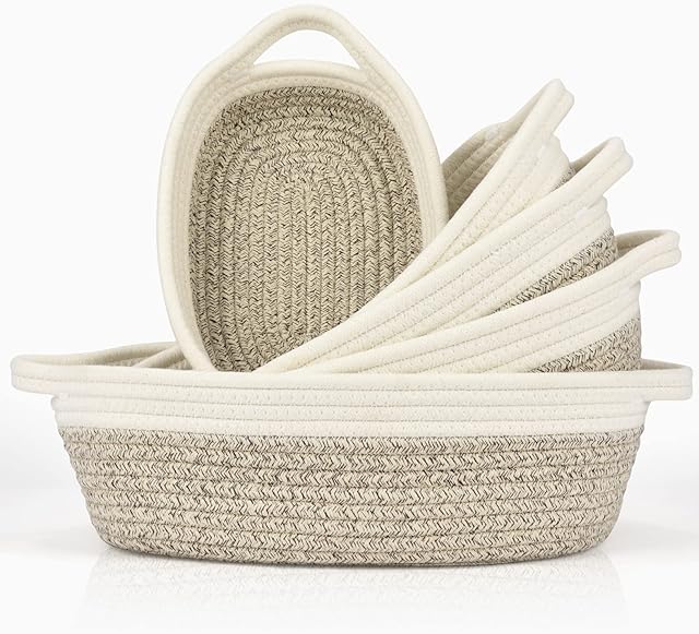 DIYARTS Cotton Rope Woven Storage Basket, 5 Pack Baby Storage Organiser, Bathroom Storage Baskets, Natural and Safe, for Nursery Decor, Multipurpose Organizer Bins with Handles(Yellow & Linen)