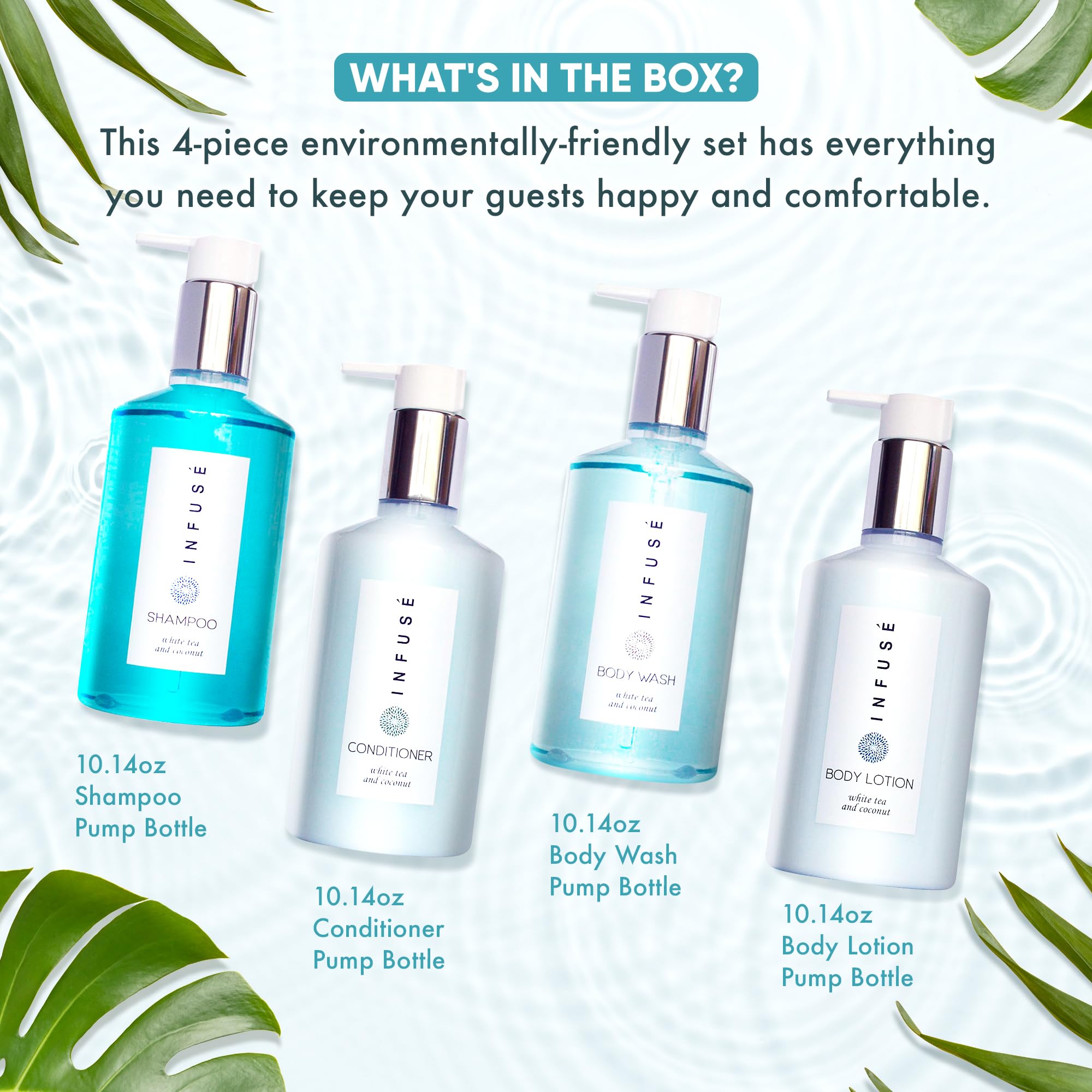 1-Shoppe Infuse 4 Piece Ecobox All-In-Kit | White Tea and Coconut Soap | 1 Shampoo, 1 Conditioner, 1 Body Wash and 1 Lotion | 10.14 oz Hotel Soaps and Toiletries Bulk | Personal Care Products 2