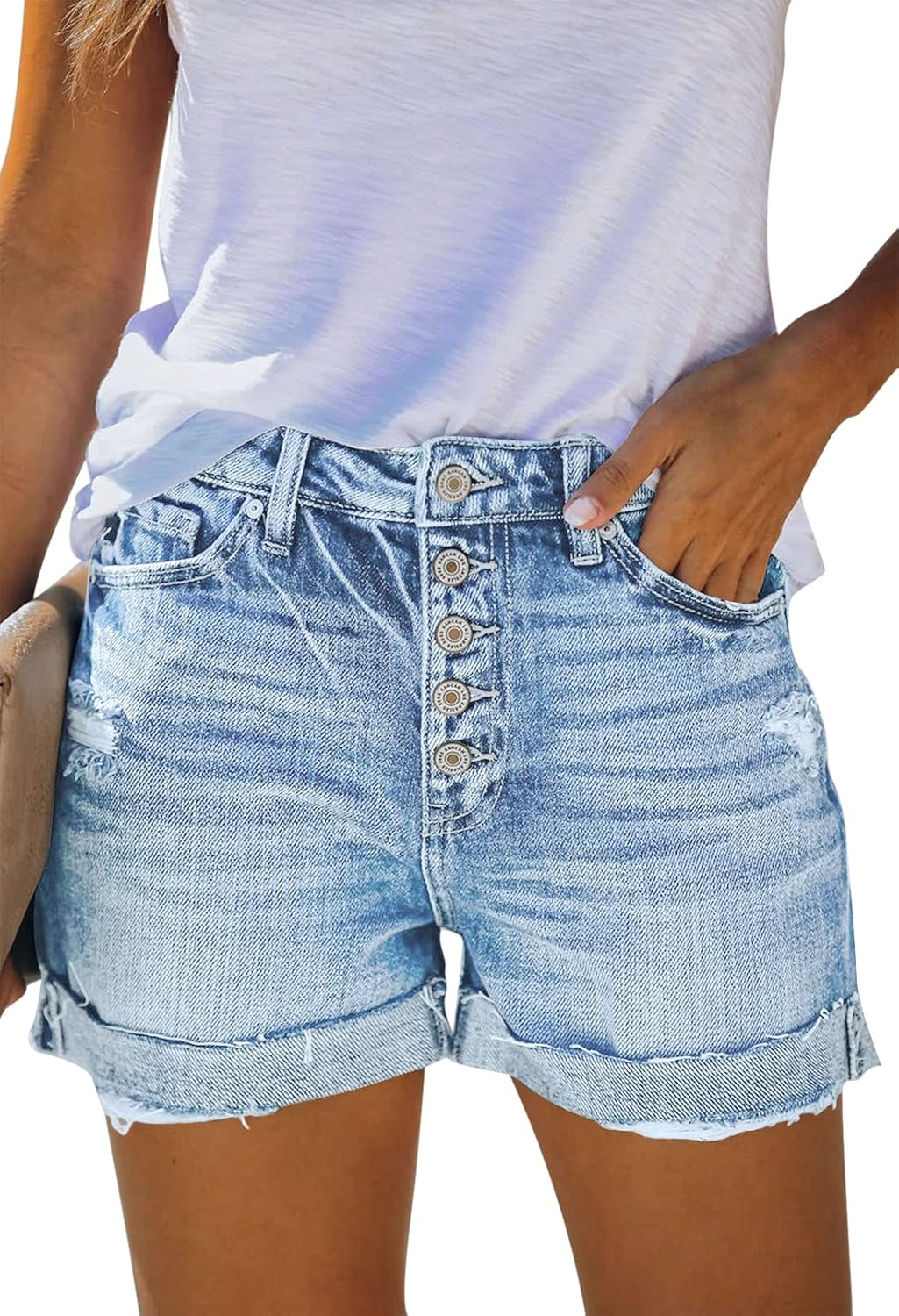 HUUSA Women's Ripped Denim Shorts High Waist Distressed Jean Shorts Casual Rolled Hem Frayed Short Jeans with Pockets - Image 2