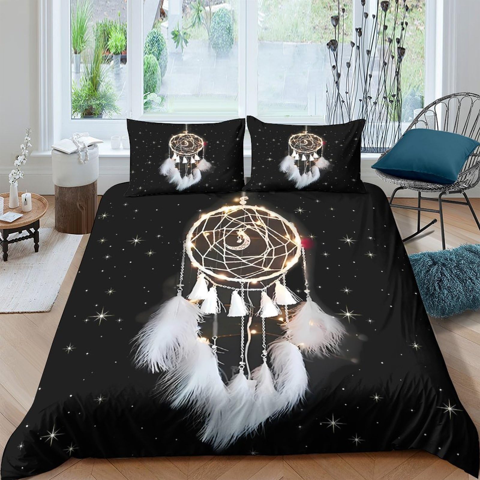 Ctjqhvkz Style-7 3D Printed Dreamcatcher Fitted Sheet Microfiber Soft Black Feathers Bed Cover For Bedroom Guest Room Decor Single（135X200cm）