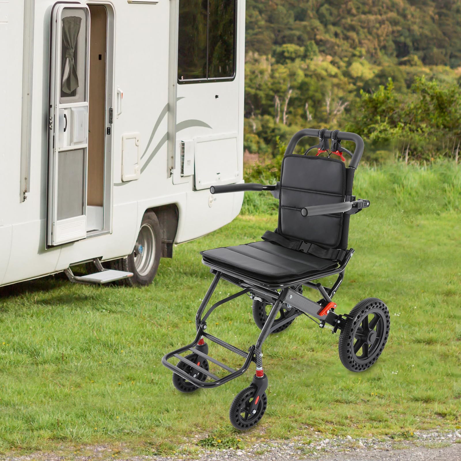 Silla de ruedas plegable de viaje giratoria 270°, con bolsa de almacenamiento, capacidad de carga de 100 kg, para paseos, excursiones, viajes, 54 x 83 x 89 cm