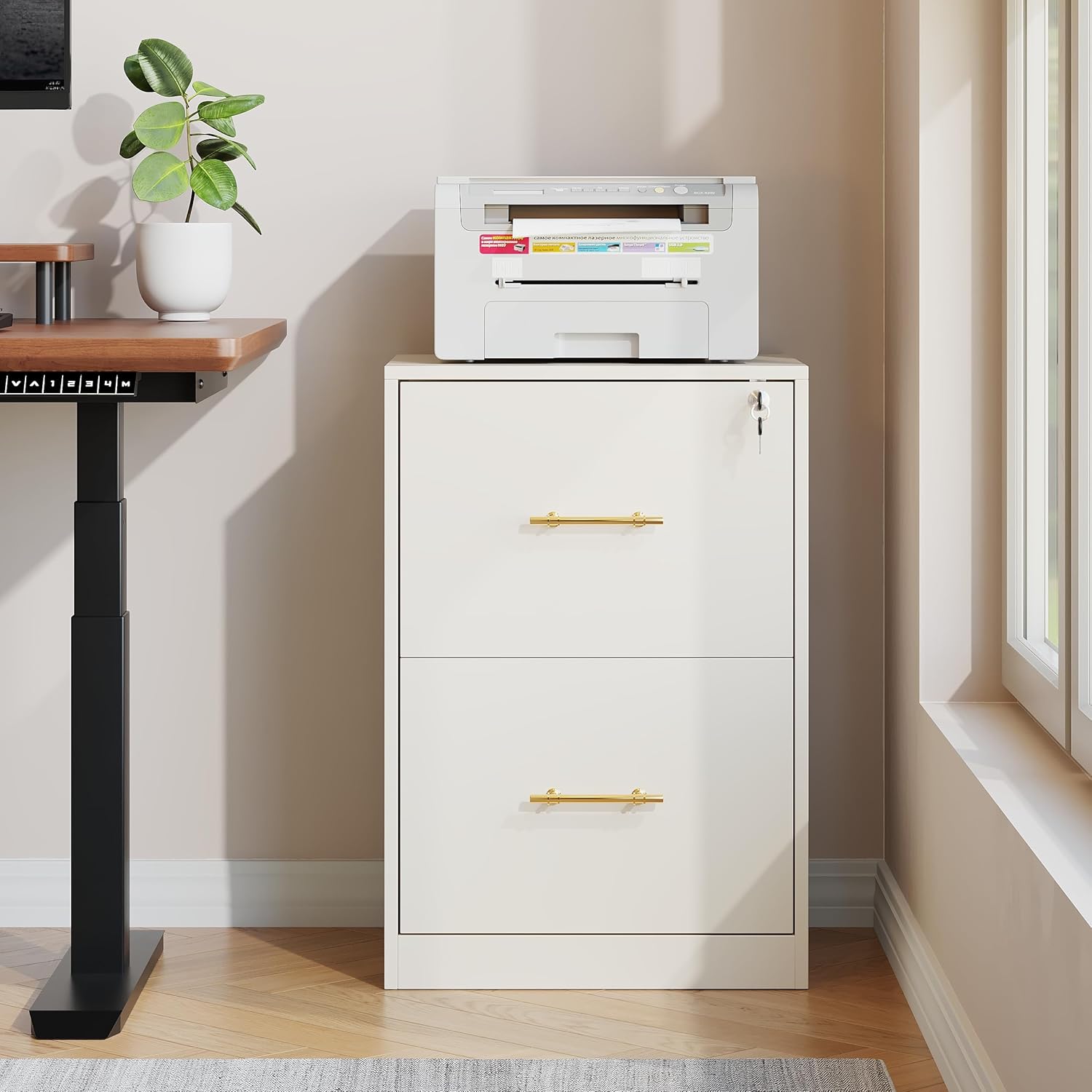 2 Drawer Vertical File Cabinet with Lock, Suitable for Letter/A4/F4/Legal Size Hanging Files,Small Wood Filing Storage Cabinets Printer Stand for Home Office,White