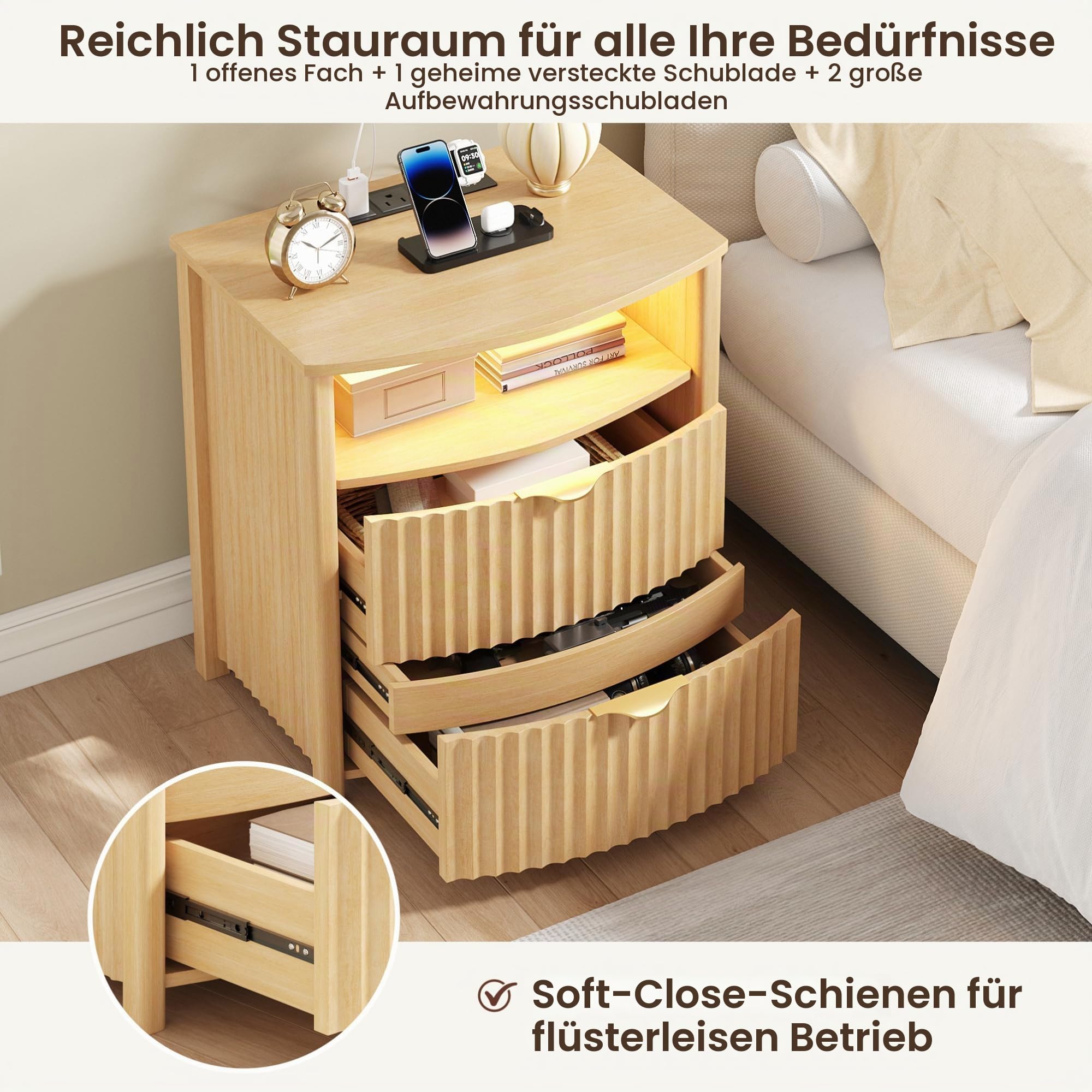 TAGELIER LED Nachttisch mit Geheimfach & Ladestation, Naturholzfarbe