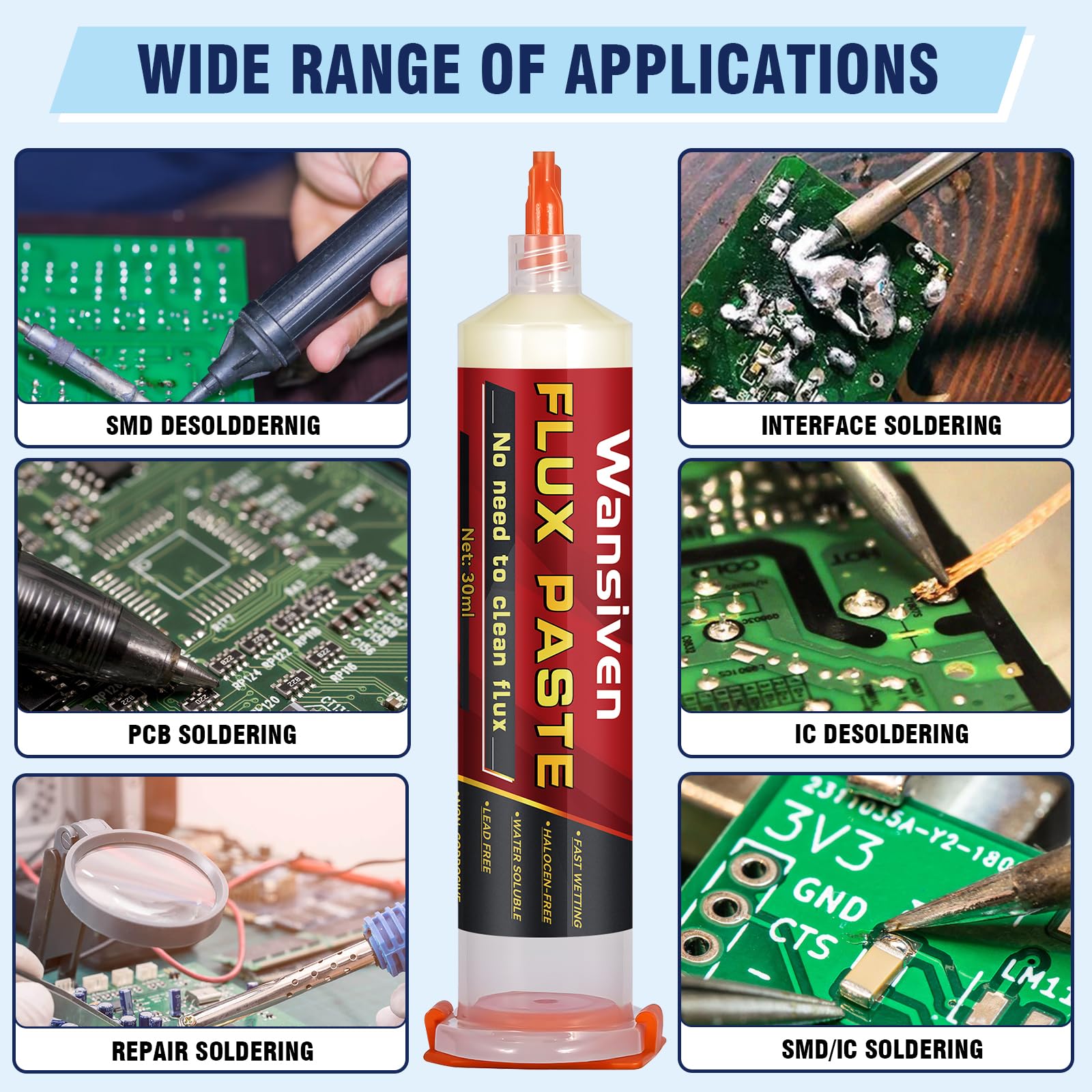 Wansiven Flux de pâte à souder, 30 ml de pâte de flux à souder sans plomb, sans flux de soudure propre pour le soudage électronique SMD BGA LED PCB